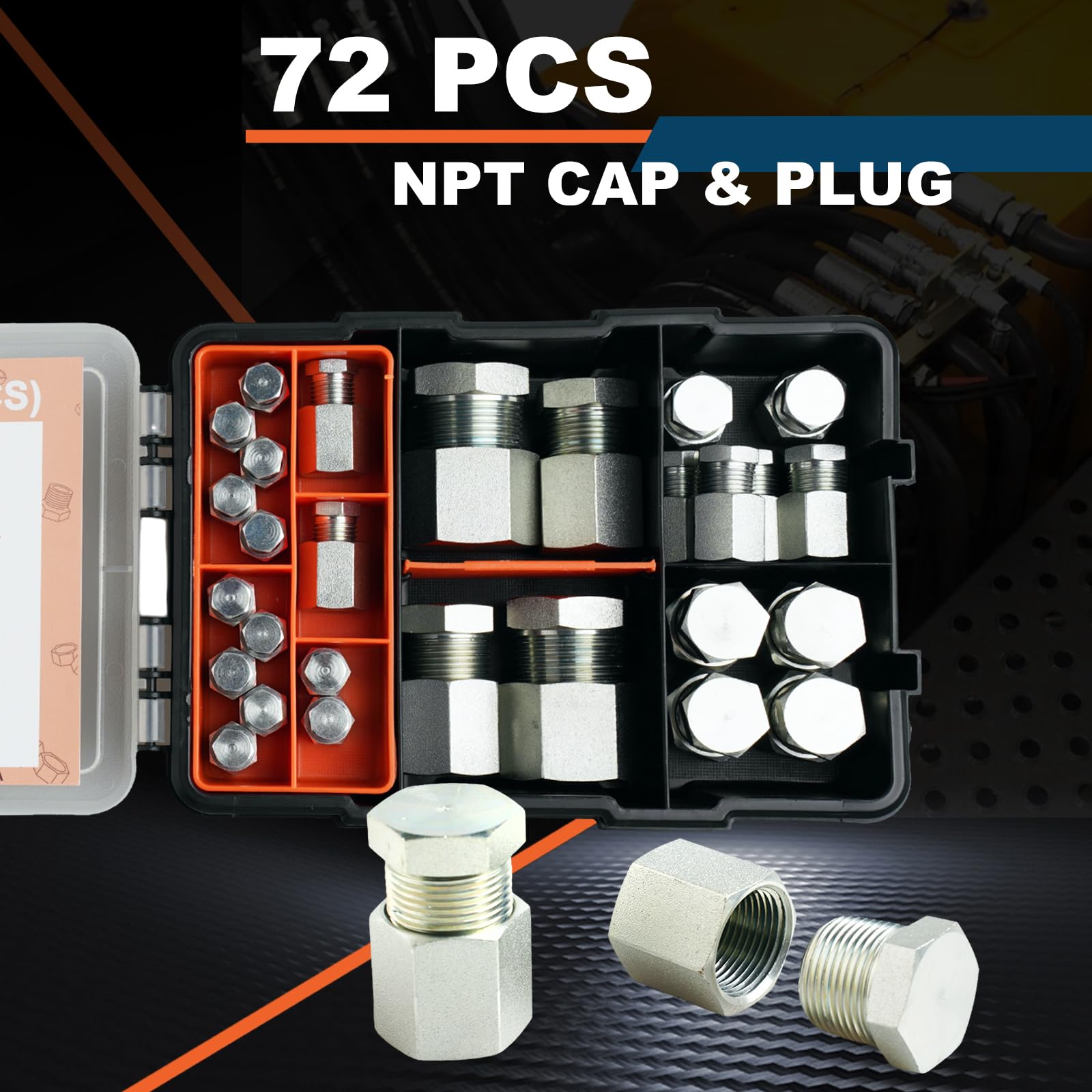 Kit de tapas y conectores para mangueras hidráulicas de 72 piezas, kit surtido de tapas NPT, kit adaptador de sello resistente con roscas de precisión, juego de accesorios abocardados de acero, tama