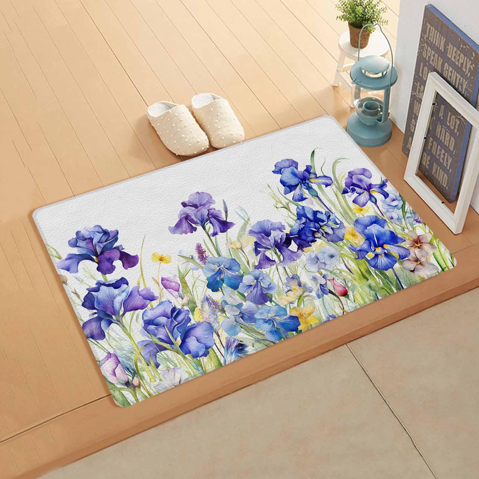 Botanical Antifatigue Kitchen Bath Door Mat Cushioned Runner Rug,Washable Welcome Floor Sink Mat,Waterproof Non-Slip Kitchen Standing Doormat,Blue Purple Flower Watercolor White Spring Summer 20