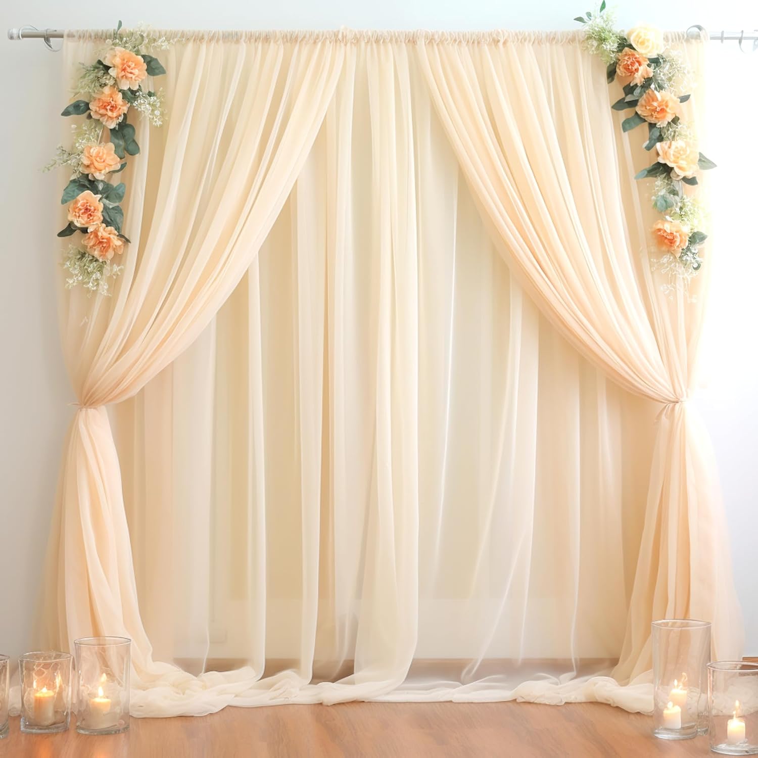 PARTISKY 20ft X 10ft Champagne Tulle Backdrop Curtain for Parites, Sheer Backdrop Curtains Fabric Drapes for Wedding Ceremony Arch Party Stage Decorations Champagne 20ft x 10ft(4 Panels 5*10ft)