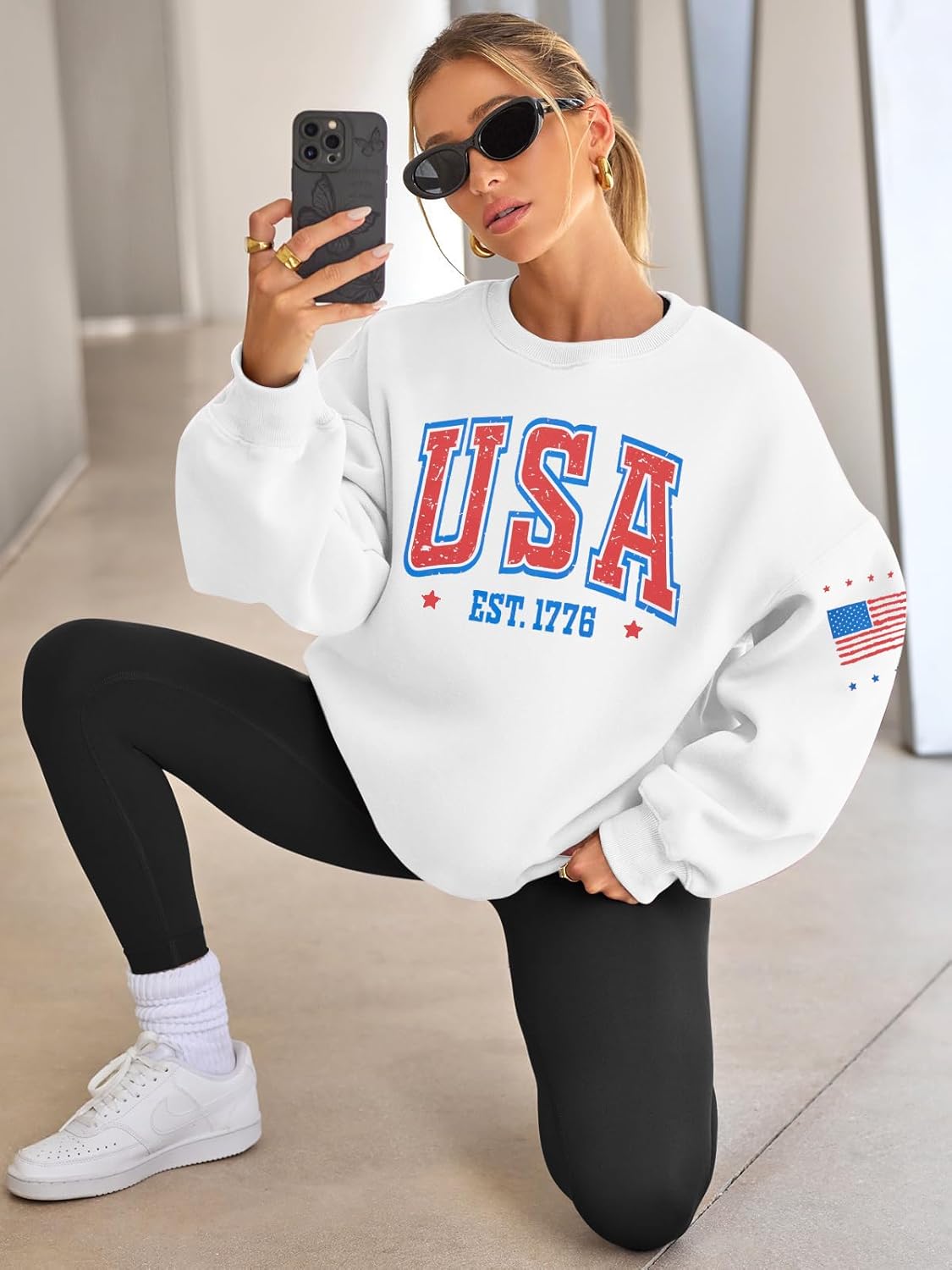 ASTANFY USA Letter Sweatshirt Womens Casual Long Sleeve Graphic Shirts American Team Flag CrewNeck Pullover Tops - Image 3