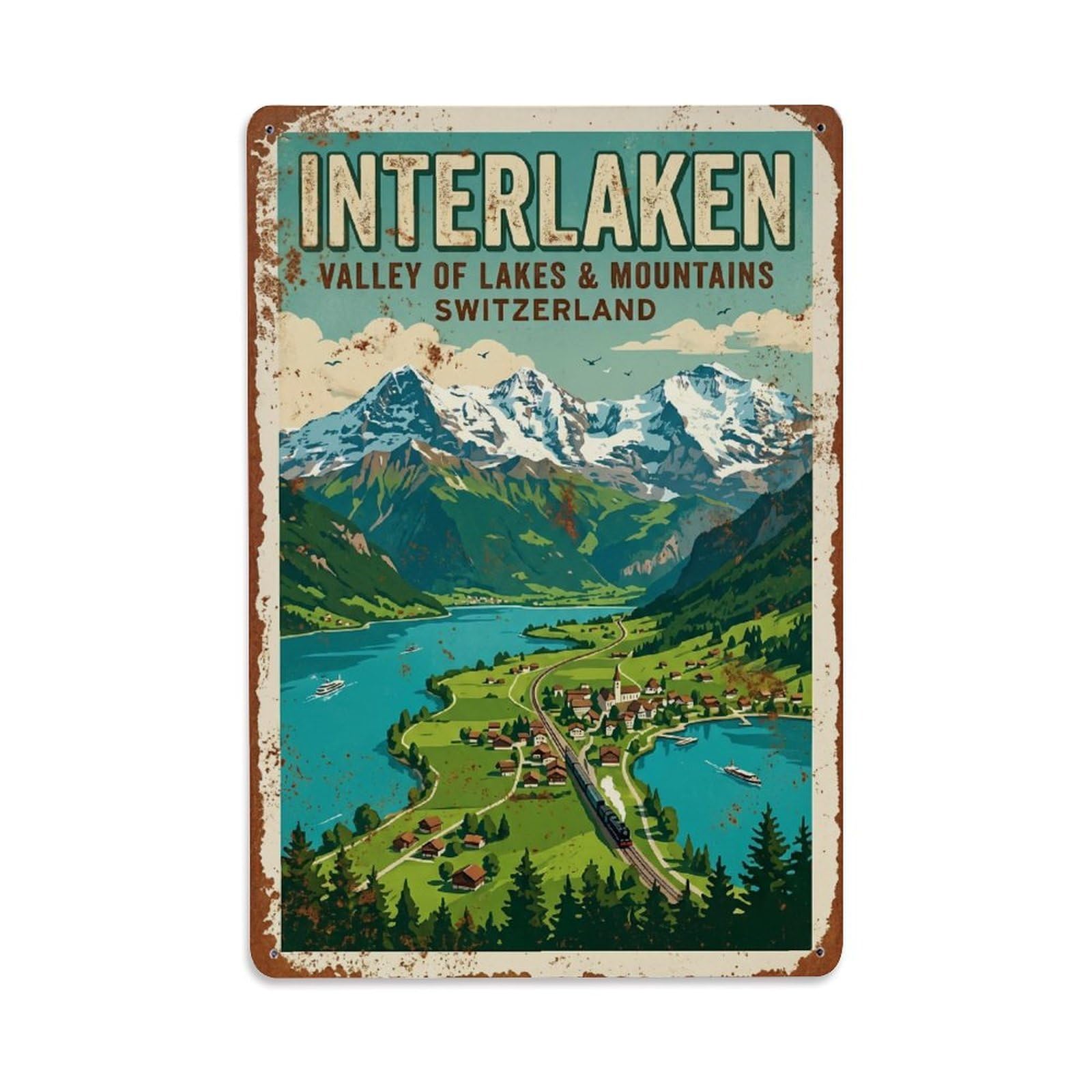Vintage Travel Interlaken Switzerland Metal Tin Sign