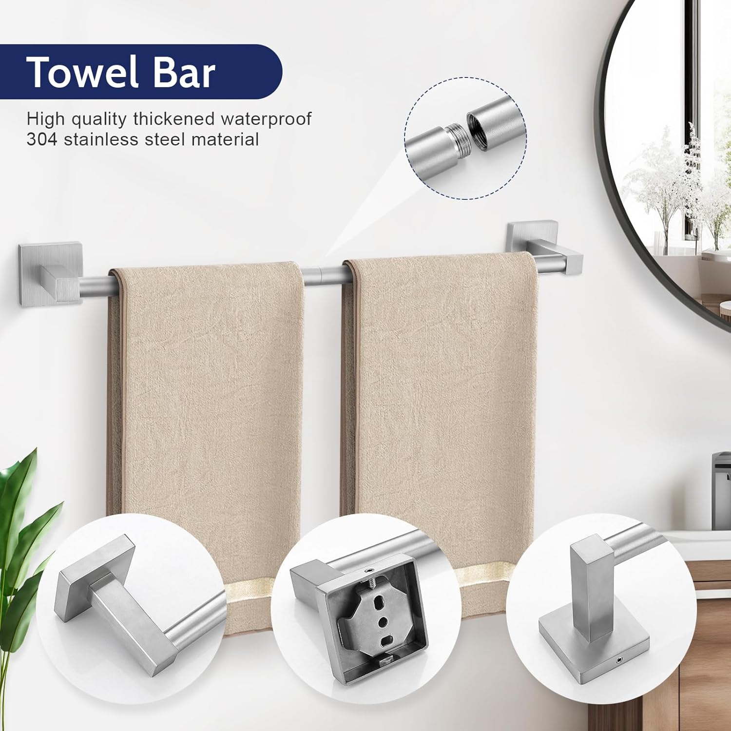 Lairuier 5-Piece Brushed Nickel Bathroom Hardware Set, Bathroom Accessories Set with Towel Bar, Toilet Paper Holder and 2 Towel Hooks SUS304 Stainless Steel Towel Bar Set Wall Mounted