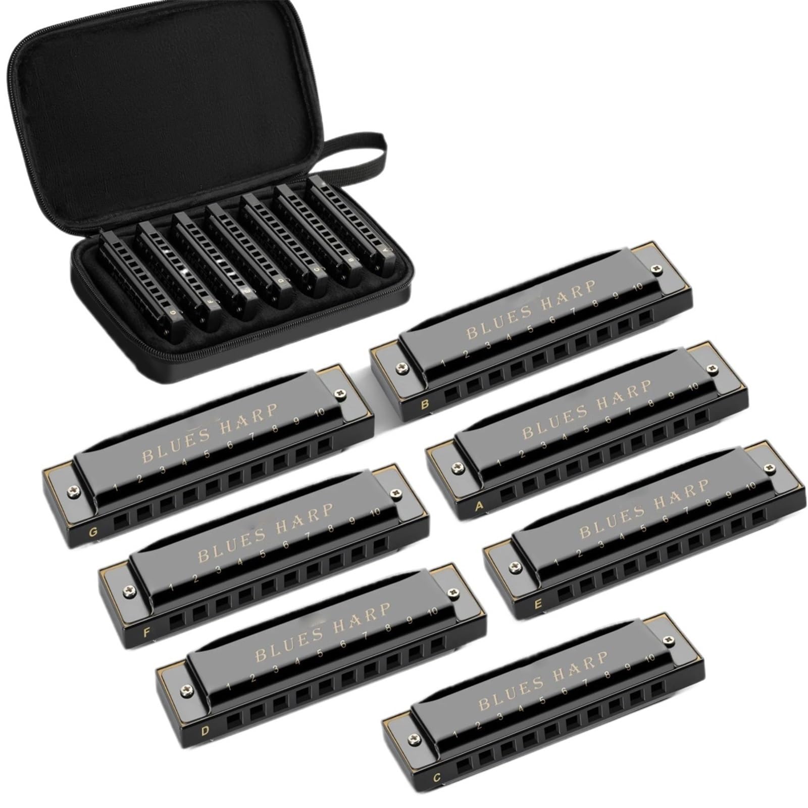 Set Di 7 Chiavi Per Armonica Blues A 10 Fori Con Custodia Per Regalo Per Adulti Professionisti Principianti(Black)