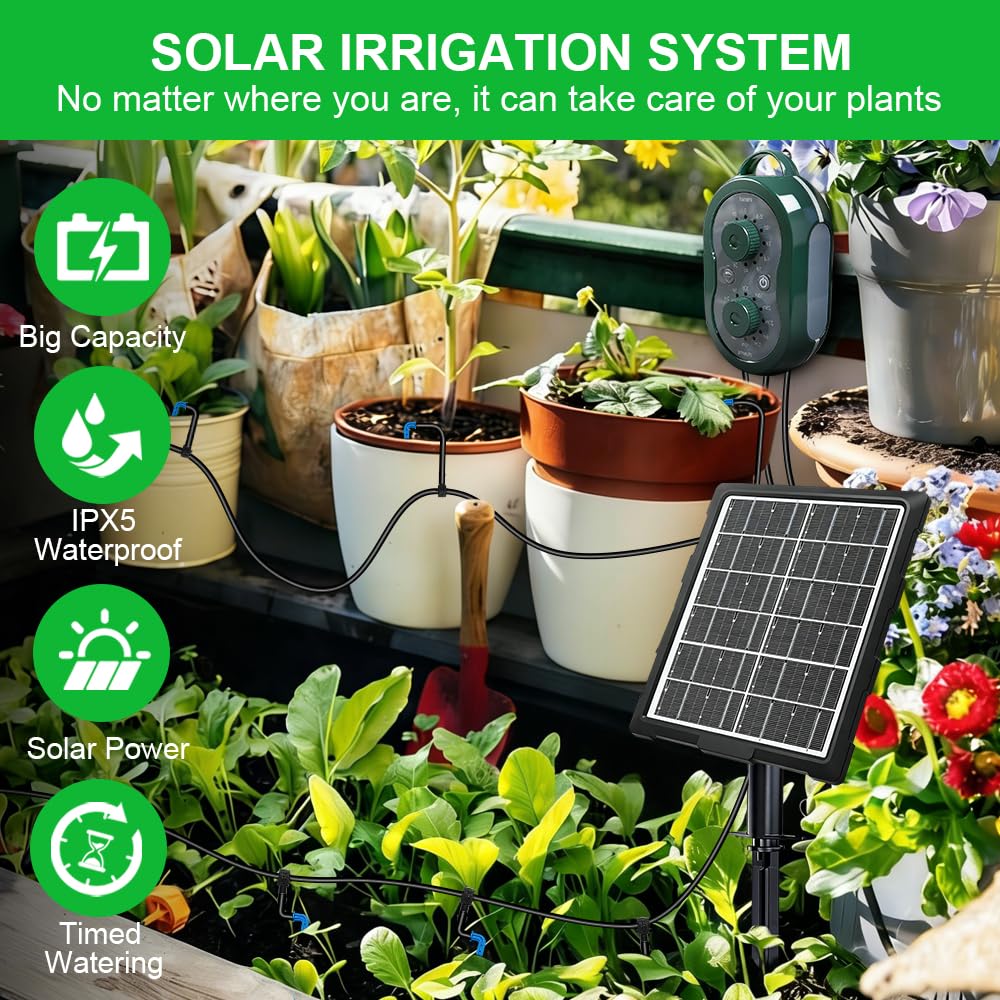 Solar Bewässerungssystem Garten 2026 Urlaubsbewässerung Tropfbewässerung mit Timer, 15m Automatische Bewässerung 132 Modi, Bewässerungssystem Balkon, Bewässerung für Hochbeet, Gewächshaus, Pflanzen
