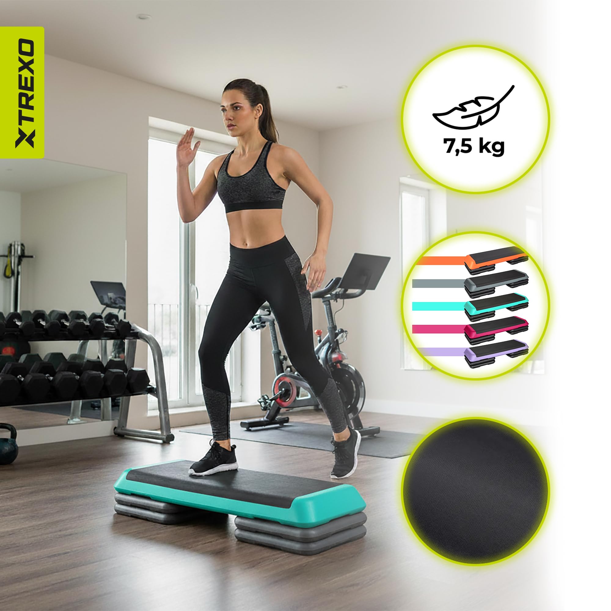 TREXO Stepper Aerobic Step for Cardio Fitness Stepper for Home Adjustable Height 10|15|20cm Home Gym Board for Workout up to 250kg Green 109x41cm