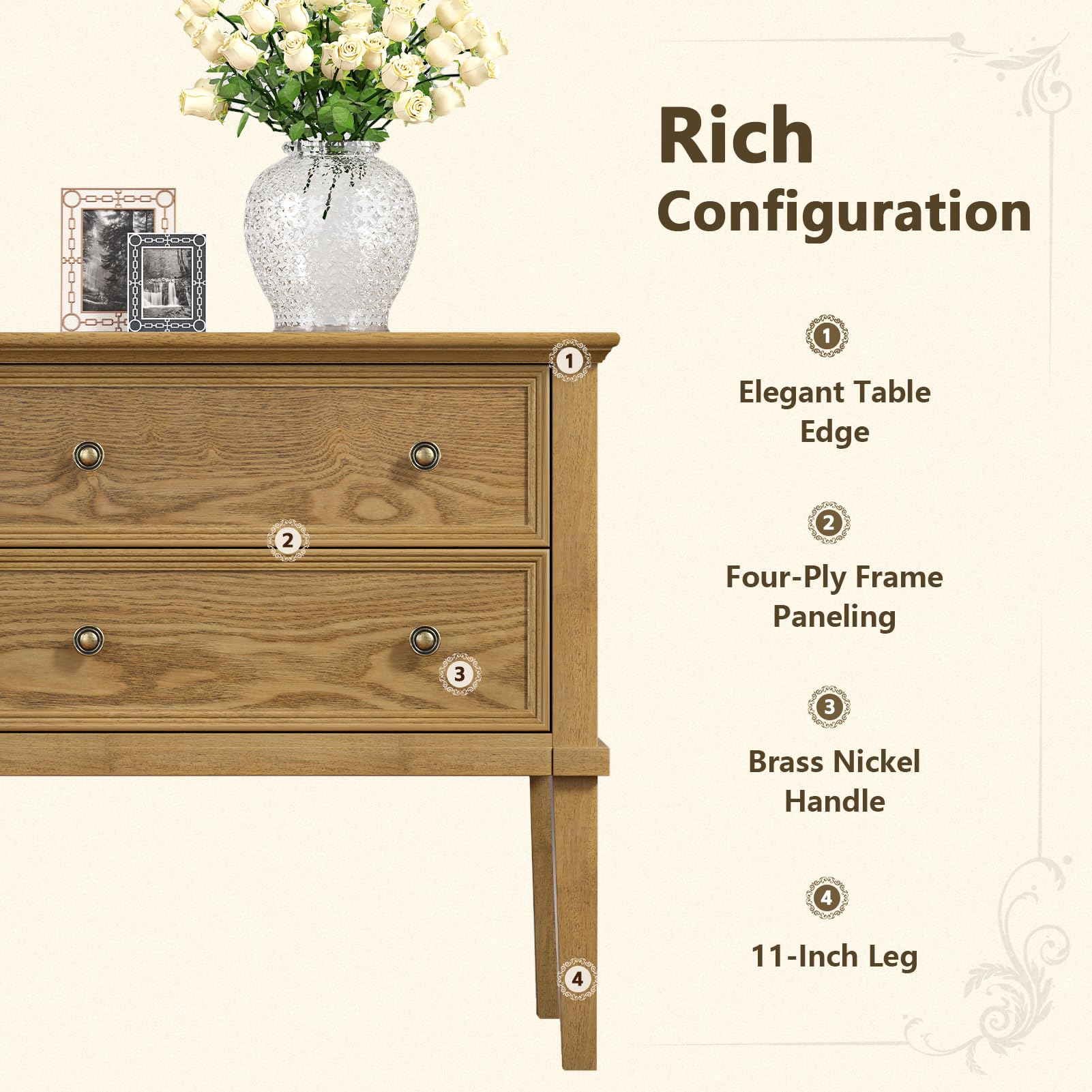 IKENO Solid Wood Nightstand with 2 Drawers, Wooden Bed Side Table, Tall Wooden Night Stand, End Table with 2 Drawers for Bedroom or Living Room, Teak