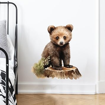Lifelike Bear Standing on Tree Stump Wall Stickers for Nursery Little Bear Animal Wall Decal Stickers Peel and Stick Wall Art Home Decor Wall Stickers for Living Room Bedroom Classroom