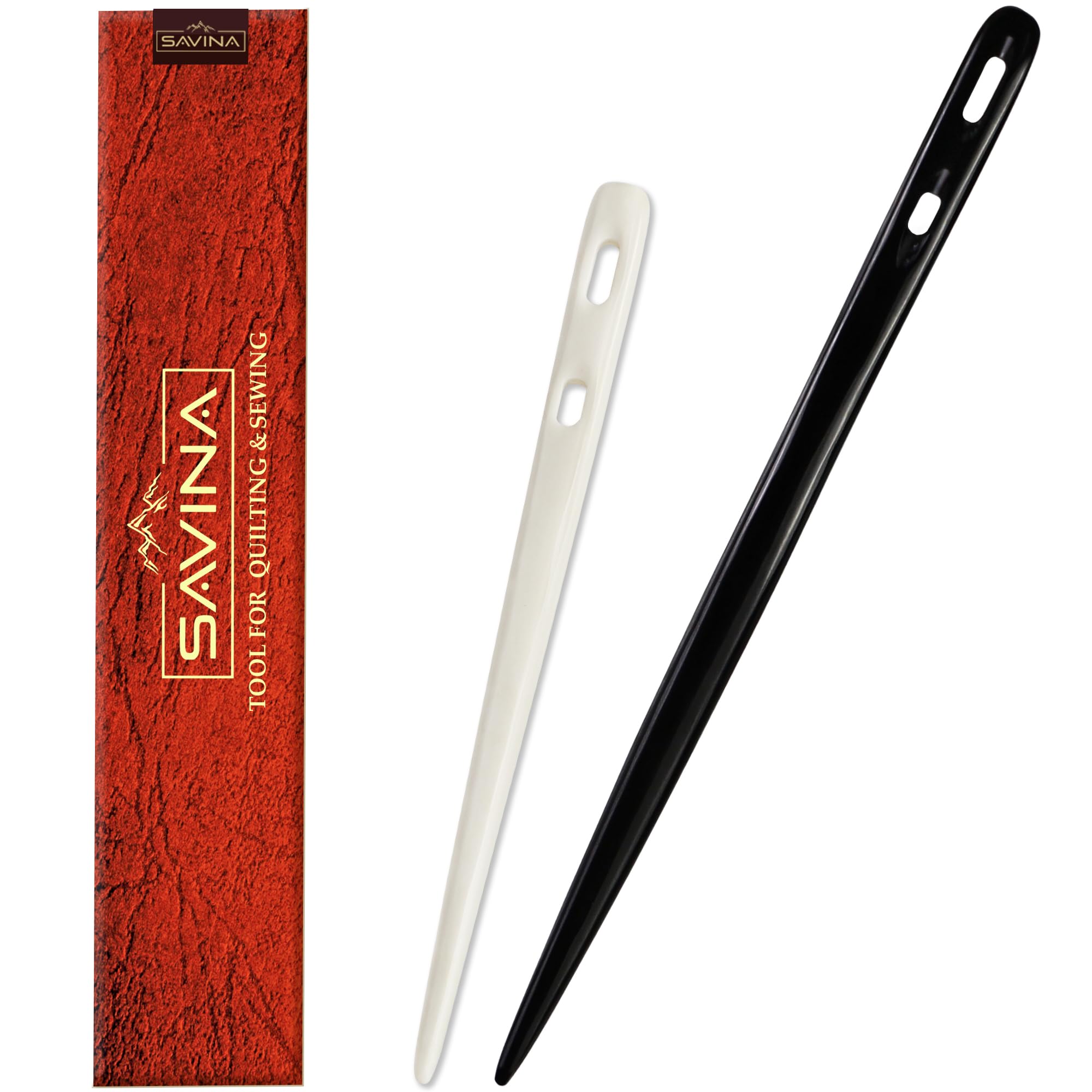 Savina Set 2 Nalbinding Needle Bone & Horn with Large Two-Eyed. Handmade Binding Tool, Multipurpose Weaving/Knitting/Stitching Needles for Craft Work