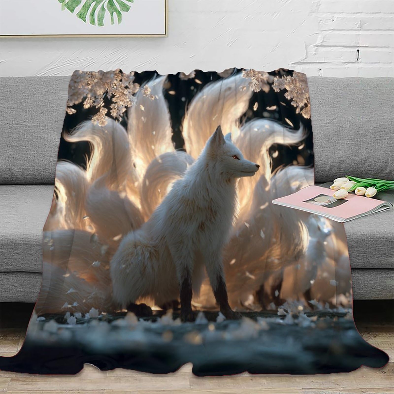 Fox with Nine Gorgeous Tails Manta Estampada 3D Colcha De Diseño Ropa De Cama De Microfibra Suave Y Cálida Sofá Ropa De Cama 80x90inch(200x230cm)