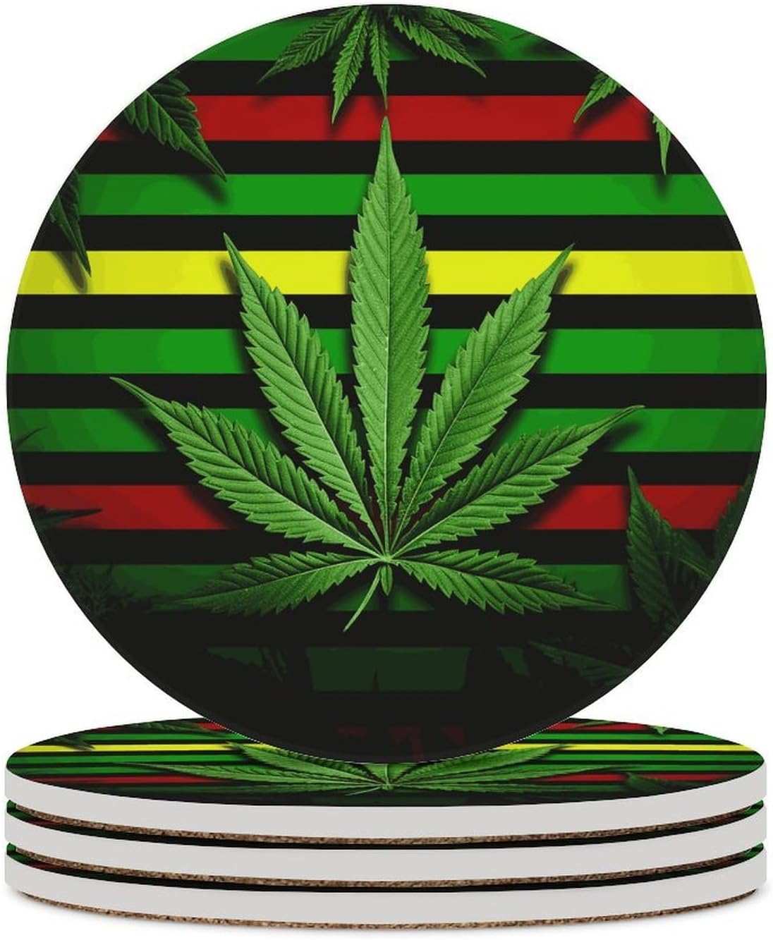 6PCS Weed Striped Coasters Non-Slip Round Drink Coasters with Ceramic Stone and Cork Base, Heat Resistant Absorbent 33.00Stone Coaster Set for Kinds of Mugs and Cups, 4 Inch