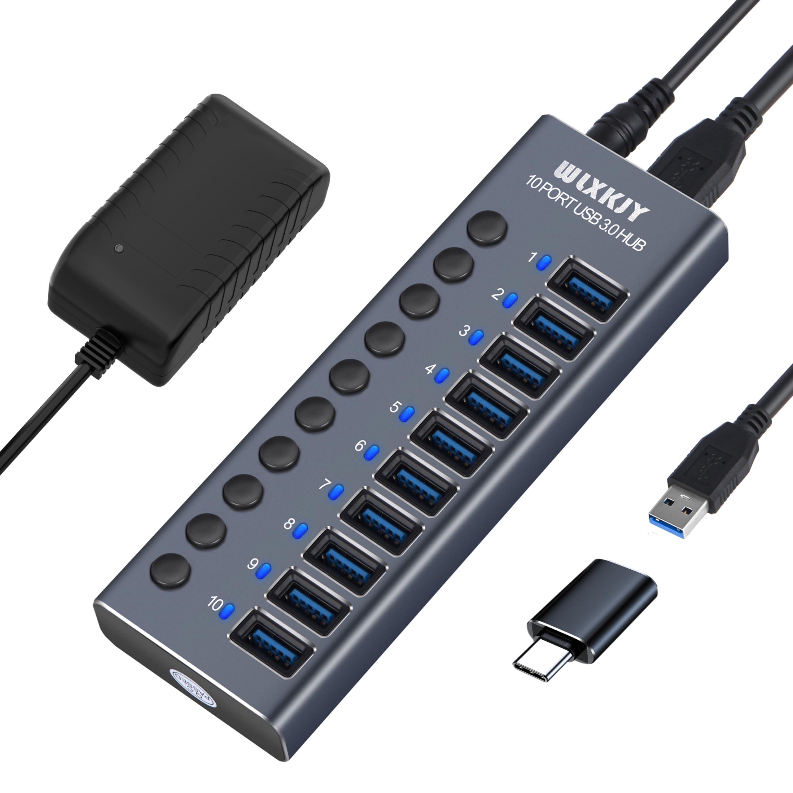 WLXKJY Hub USB 3.0 in alluminio, hub USB attivo - 10 porte USB 3.0 SuperSpeed, interruttori individuali e alimentatore da 72W (24V/3A) per MacBook/MacBook Air/MacBook PRO