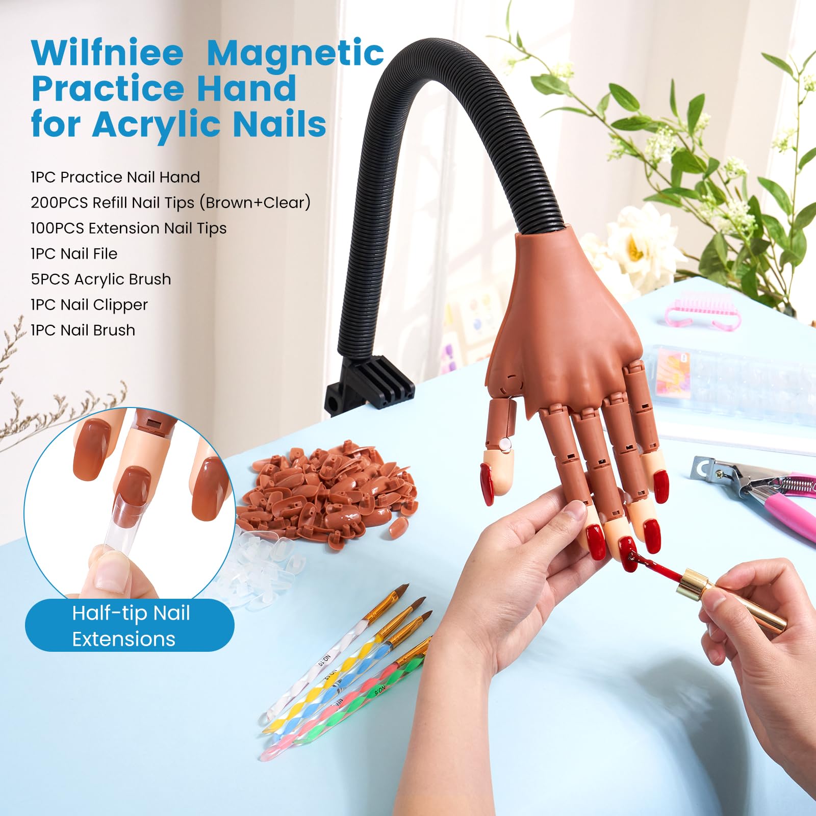 Wilfniee Mano magnetica pratica per unghie acriliche: mano flessibile per praticare unghie finte, kit manicure per principianti, marrone