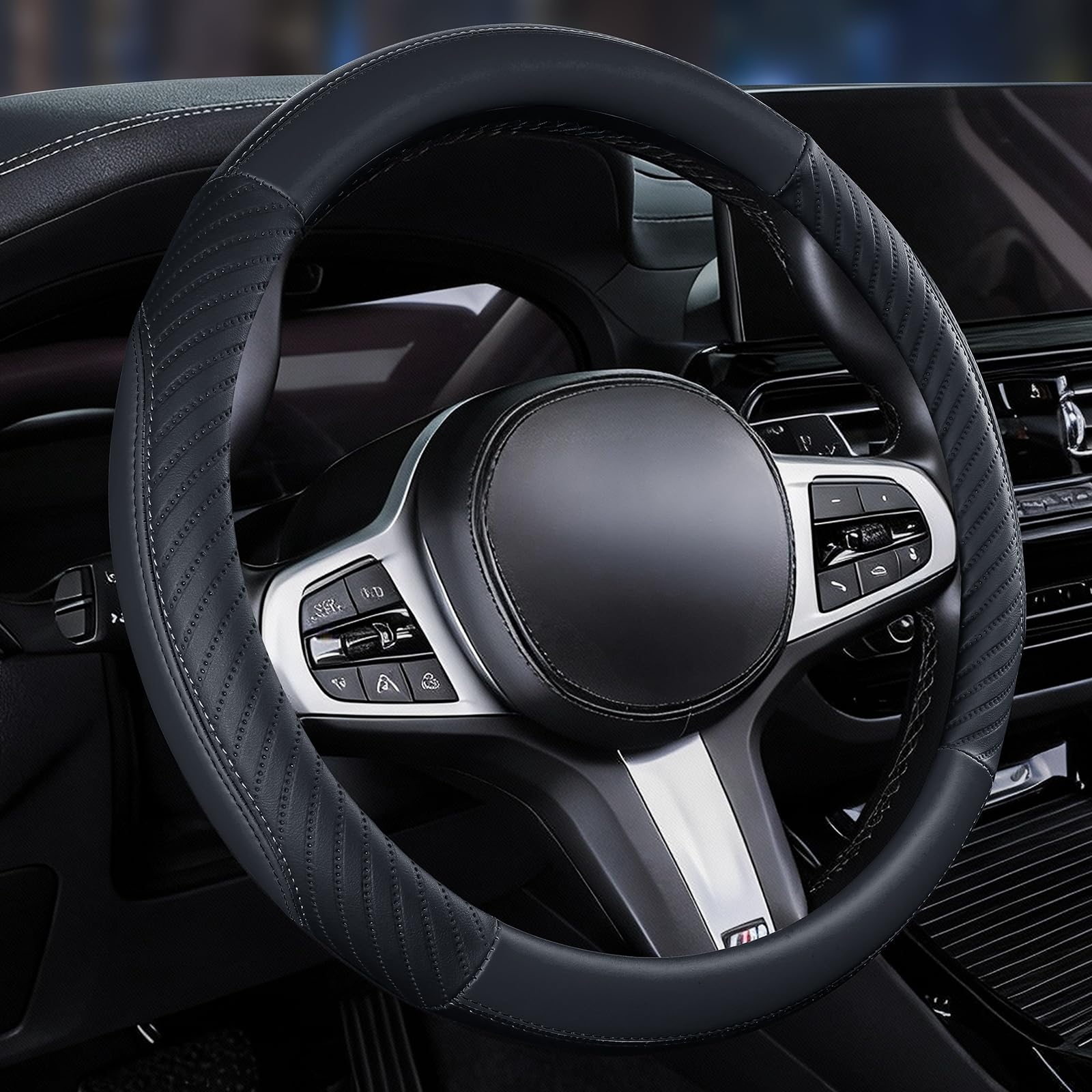 Car Steering Wheel Cover Leather - Soft Microfiber Steering Wheel Cover Universal Size M 37-38cm /14.5-15inch, Anti-slip, Breathable, Black