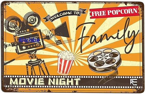 Letrero de lata de noche de cine familiar, decoración de pared de metal retro vintage para cine en casa, dormitorio, sala de juegos o bar, póster