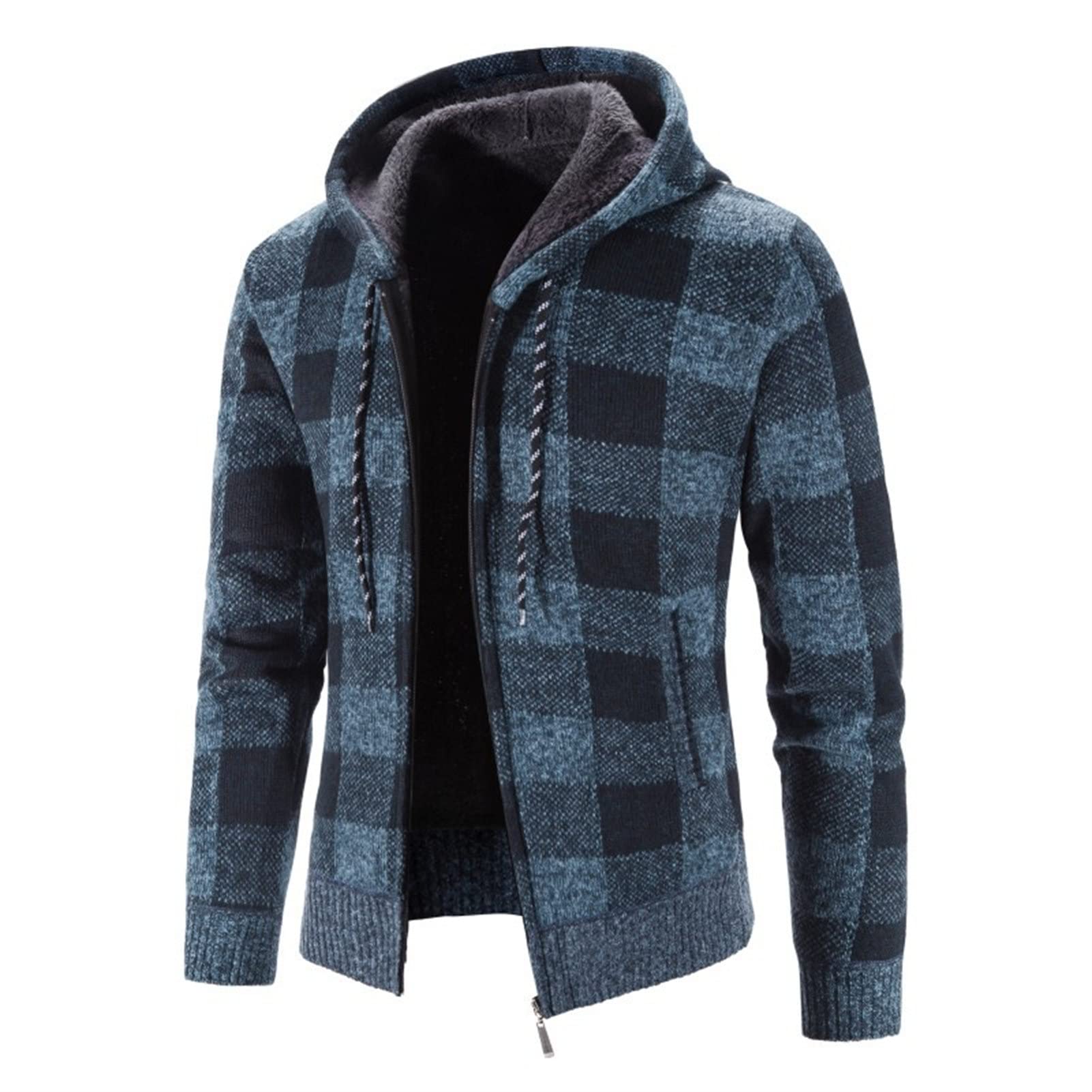 Maiyifu-GJ Men Sherpa Lined Full Zip Hooded Plaid Slim Fit Flannel Hoodies Shirt Jacket Fleece Thick Casual Cardigan Sweater (Blue,3X-Large)