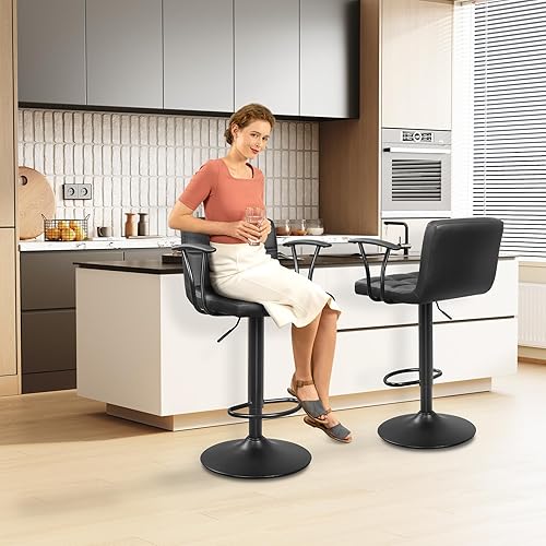 Miniatura 7 de Juego de 2 taburetes de bar, taburetes de bar giratorios ajustables con respaldo, sillas de altura de mostrador de cuero sintético de doble aguja