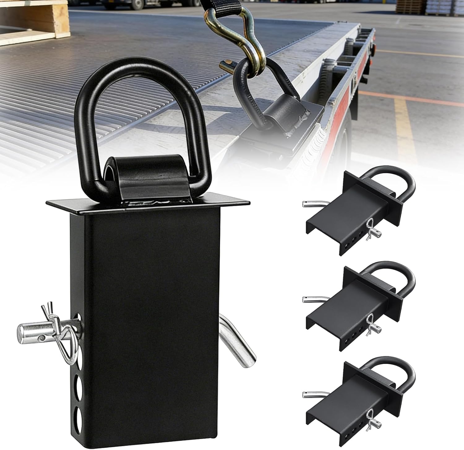 4 Pack Stake Pocket D Rings, 18000lbs Heavy Duty Stake Pocket D Ring with 1/2" Hitch Pin, Removable Tie Down Anchors for Utility Trailers and Flatbeds Cargo Trucks, Black