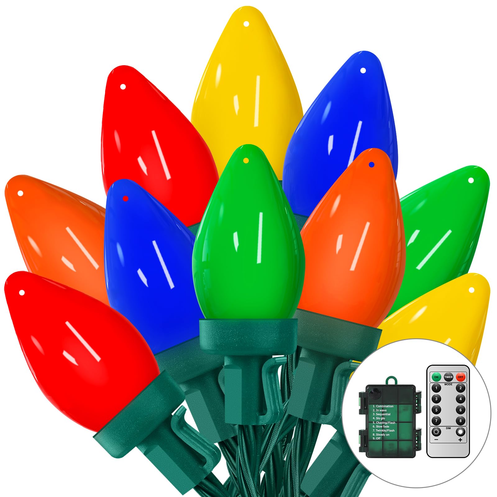 C7 - Guirnalda de luces vintage de Navidad, 27.5 pies, para árbol de Navidad para exteriores, con 50 bombillas LED multicolor, decoraciones de fiesta de Navidad con 8 patrones de iluminación