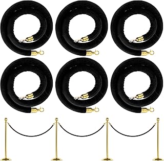 6 Pack Velvet Stanchion Rope, 5 Feet Crowd Control Stanchion Ropes Safety Barrier with Gold Plated Hook for Carpet Events Movie Theaters Grand Openings Hotels Party (Black)