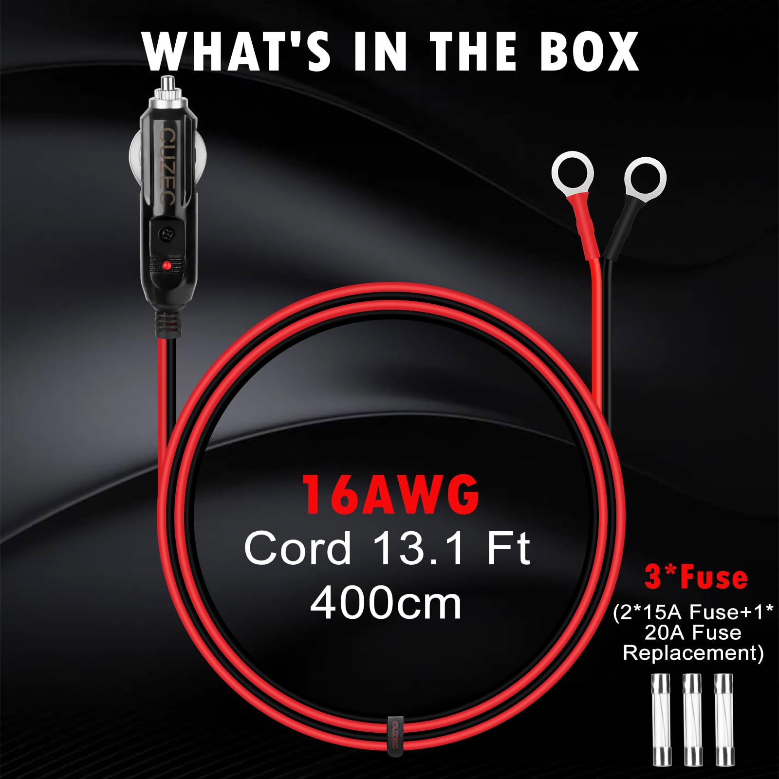 CUZEC - Adaptador de enchufe macho de 15 A para mechero de coche, cable de alimentación con cable de 0,5 m y 16 AWG para inversor de coche, bomba de aire, taza eléctrica y bricolaje
