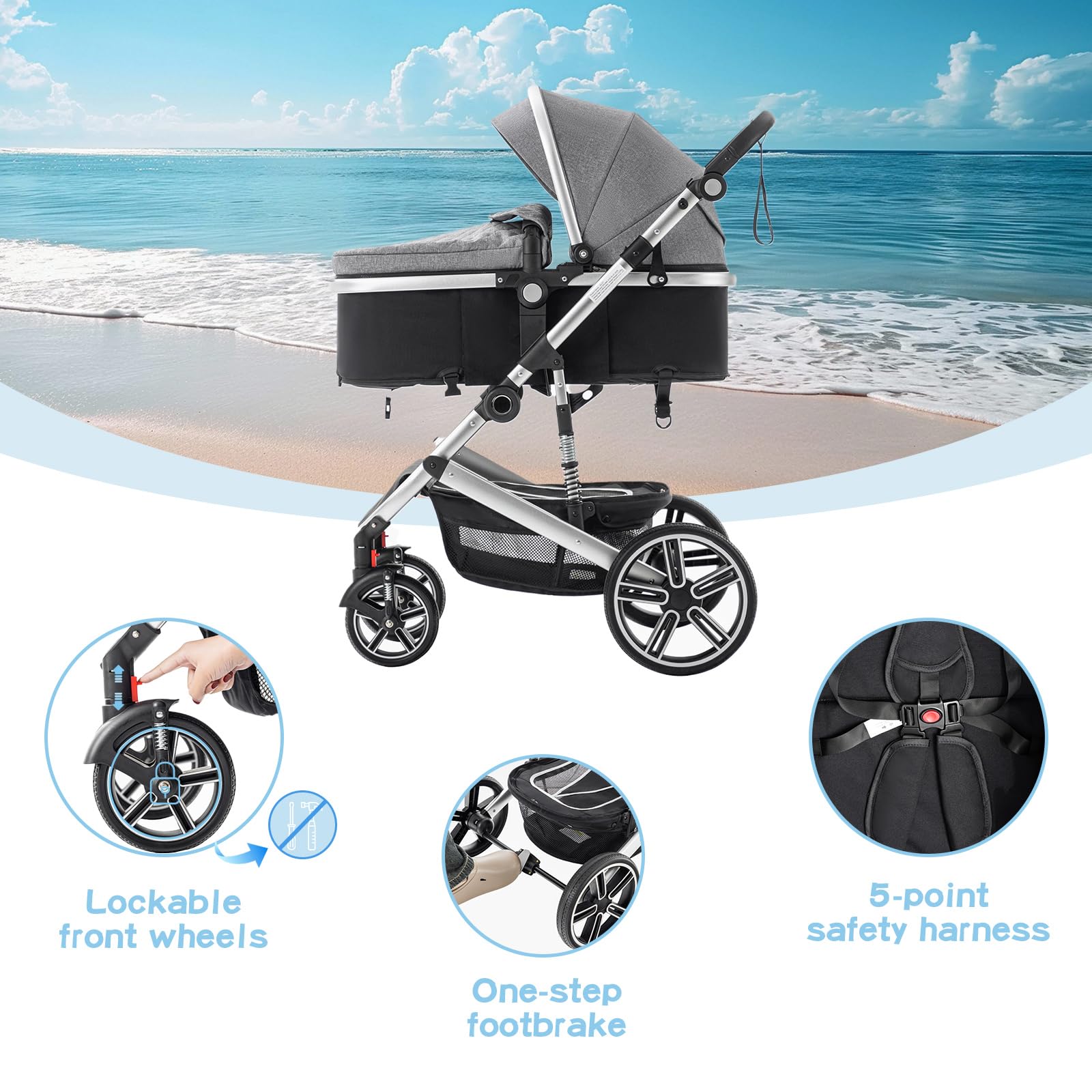 Cochecito Bebe 3 Piezas, el Chasis es de Aluminio, la Cesta Portabebés es de Tela 600D, Silla de Paseo Plegable, incluye Cubierta Para la Lluvia y Mosquitera, Negro