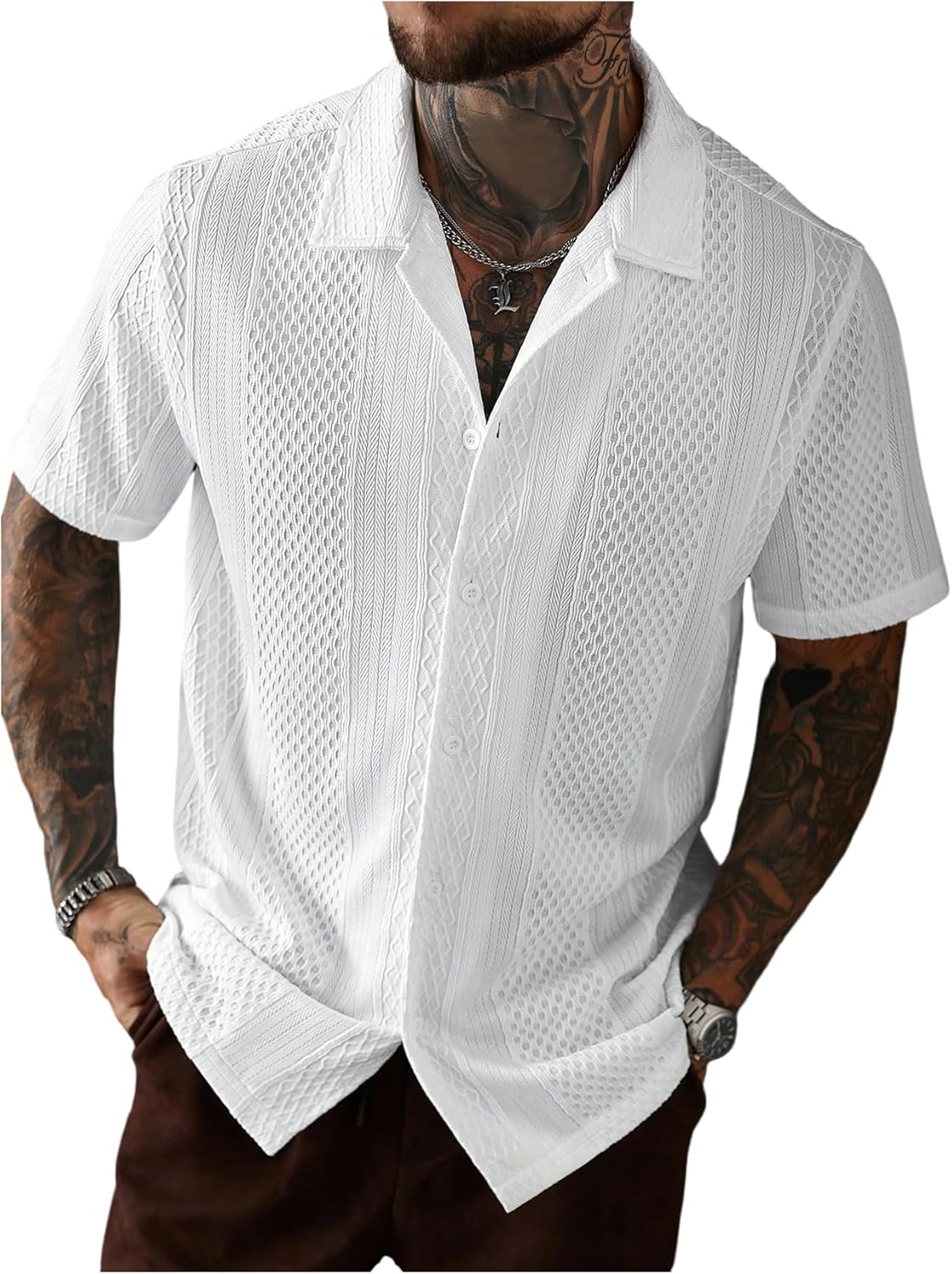 VIPWOLF Men's Button Down Shirt Knit Short Sleeve Crochet T-Shirts Casual Hollow Out Beach Vacation Summer Tops