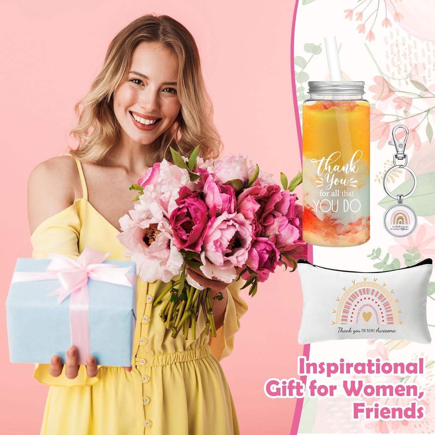 Skylety 36 Pcs Employees Appreciation Gifts Sets Including 13.5 oz May You Be Proud of Reusable Tumbler with Lid Straw Rainbow Makeup Bags Inspirational Keychains Thank You Cup Gift for Women Friends - Image 5