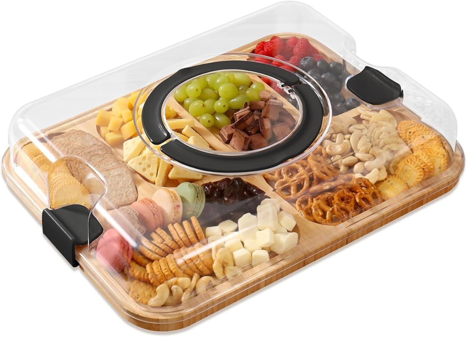 Charcuterie Boards with Lid, Charcuterie Board with Lid Bamboo Boards with Clear Handles 6 Compartments Serving Tray for Kitchen Food Snack, Board
