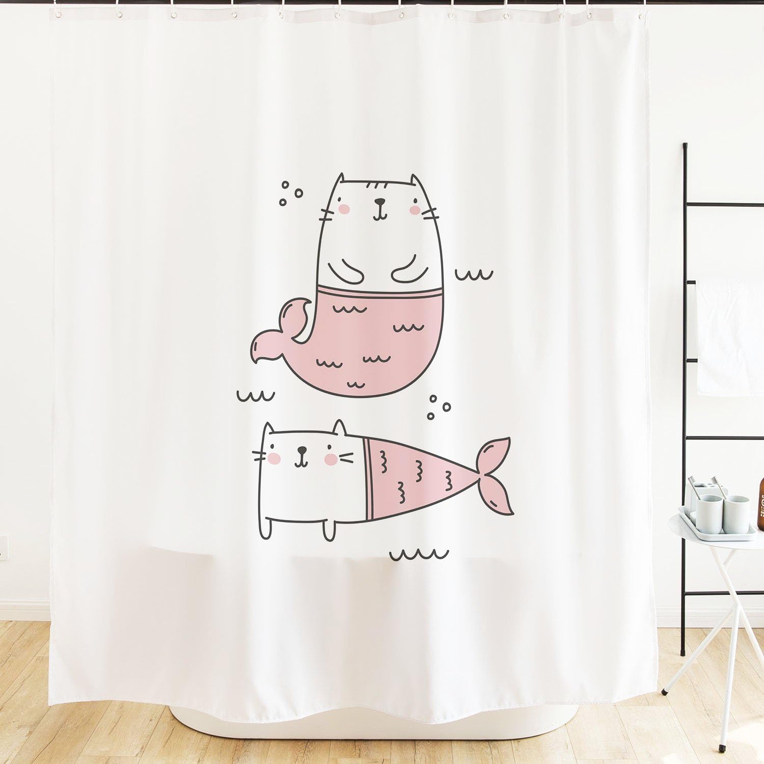 Ofat Home Cat Mermaid Shower Curtain with Hooks, Cute Kitty Fish Illustration Waterproof Fabric Home Bathroom Decor, 71 x 71 Inches, White and Pink (Cat and Fish)
