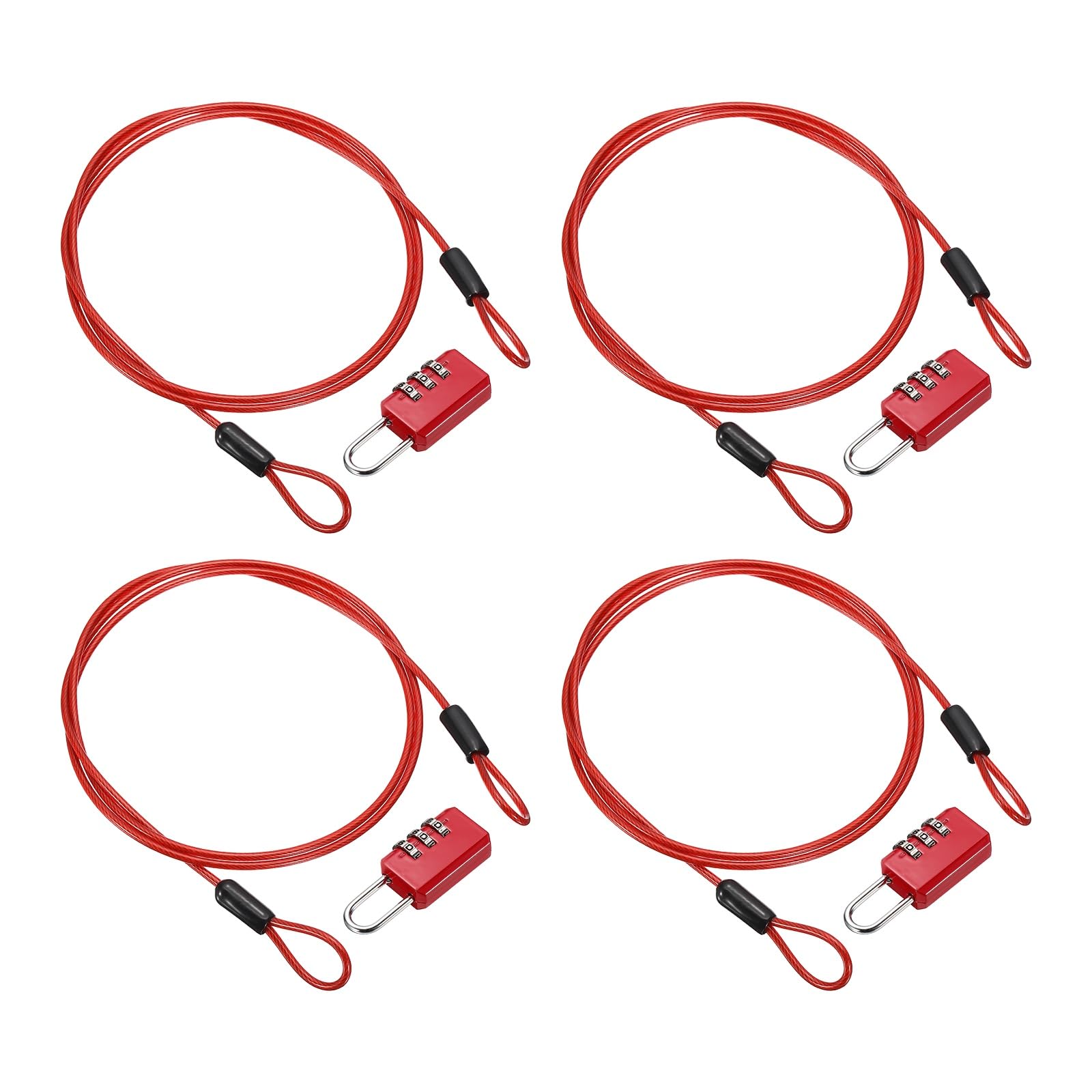PATIKIL Security Cable with 3 Digit Combination Lock, (1m x 2.5mm, Red)(4Set), Braided Stainless Steel Safety Cable Wire Rope with Double Loop, Suit for Suitcase/Bicycle/Cabinets
