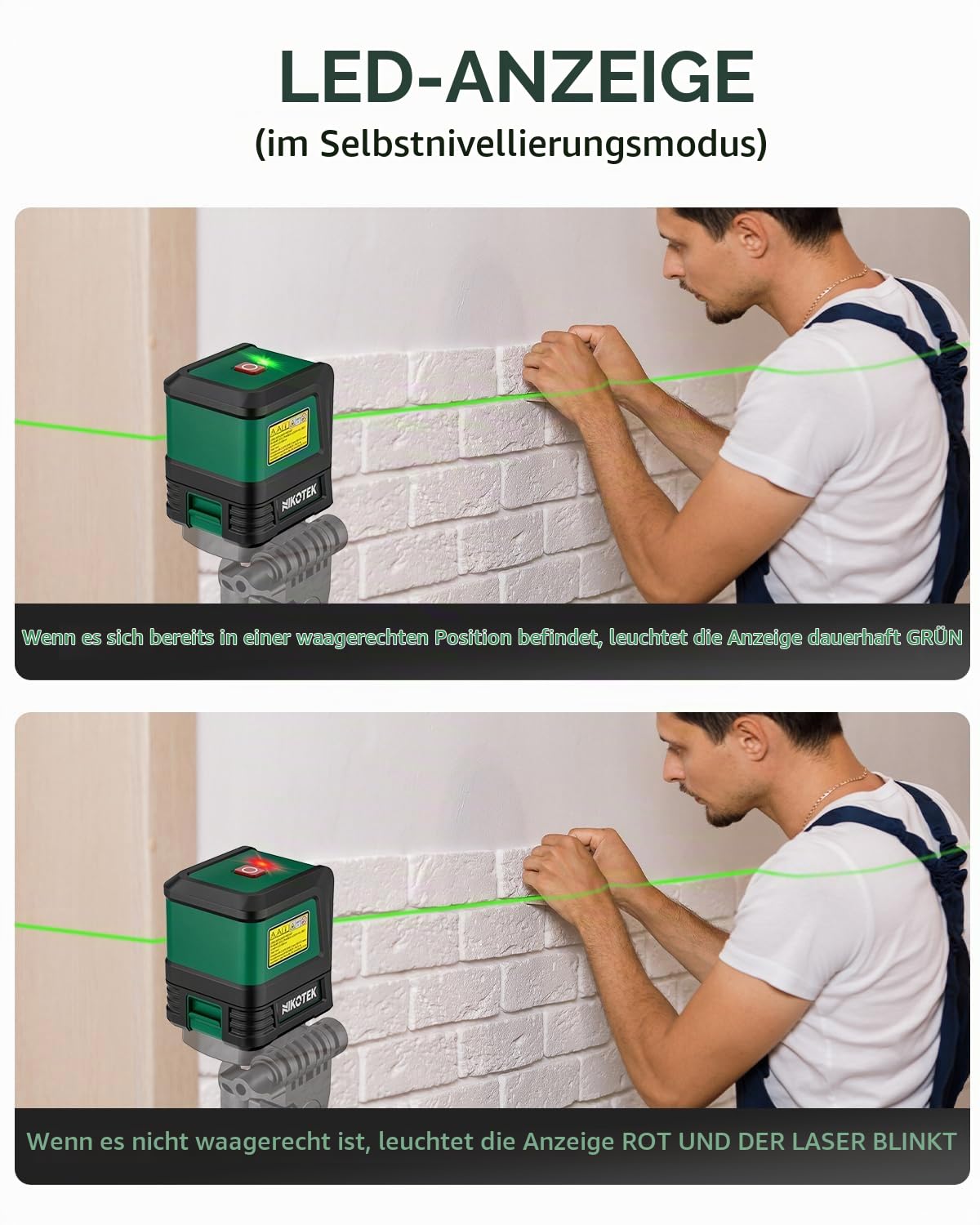 Laser Wasserwaage mit 1,2m-Stativ, Nikotek Selbstnivellierende GrüneKreuzlinienlaser, Horizontale und Vertikale Linienlaser für Bau/Bilderaufhängung/Heimwerken, IP54, 2 AA-Batterien, Tragetasche