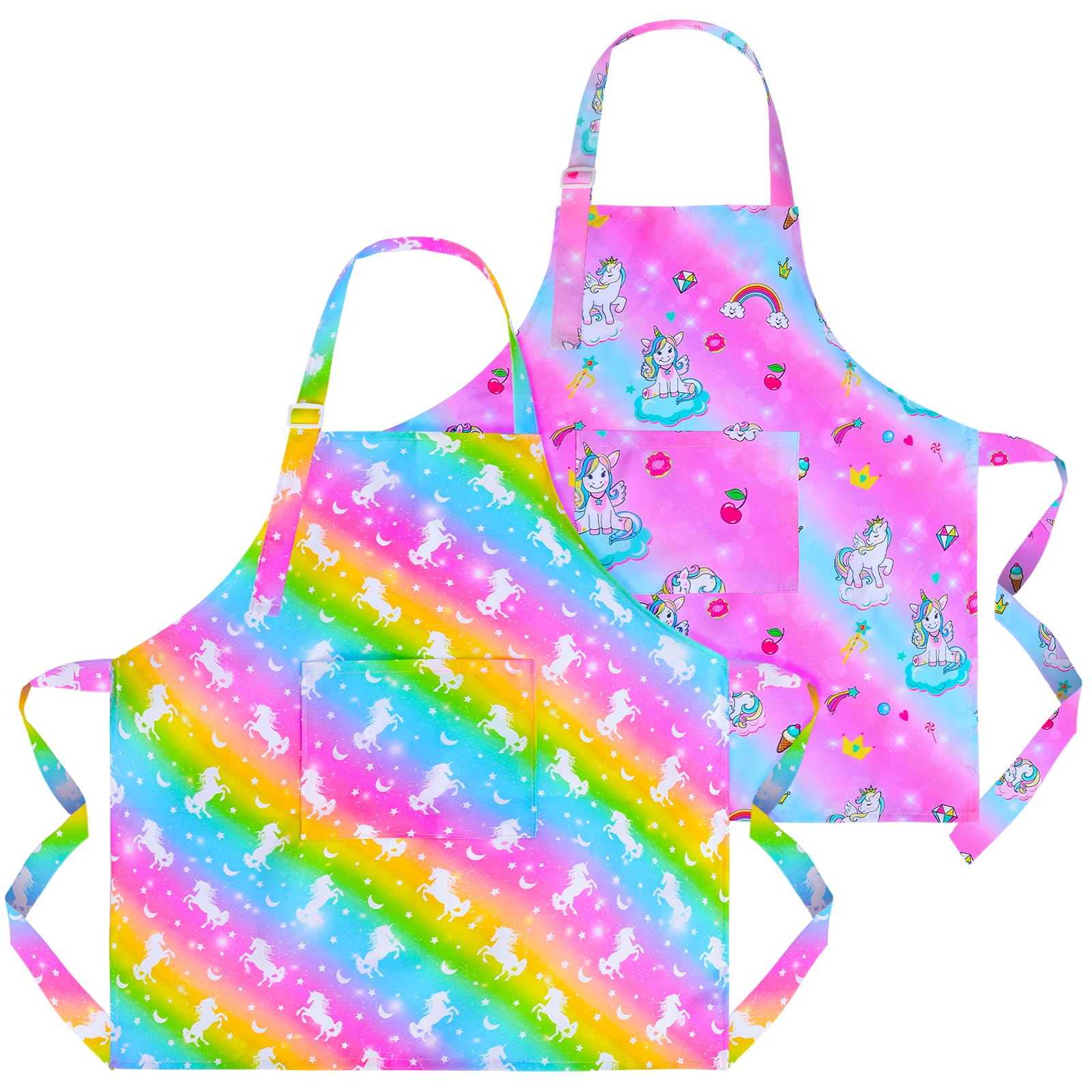 MaciRept 2 Pack Kids Apron Rainbow Unicorn Toddler Apron With Pockets for Kids Girls Boys Cooking Baking Painting — image 1