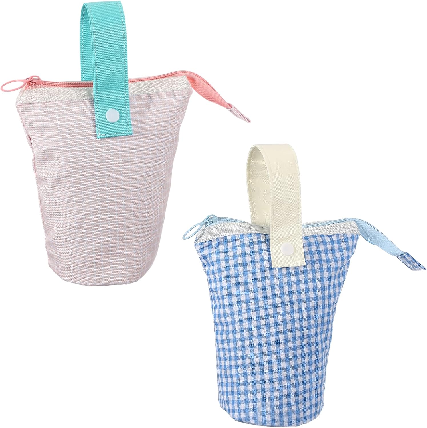 PATIKIL Stand Pencil Pouch, 2 Pcs Telescopic Standing Pen Pouch with Handle Stand Colored Pen Holder Foldable Makeup Cosmetic Bag Art Supplies for Home Office, Blue Plaid/Pink Plaid