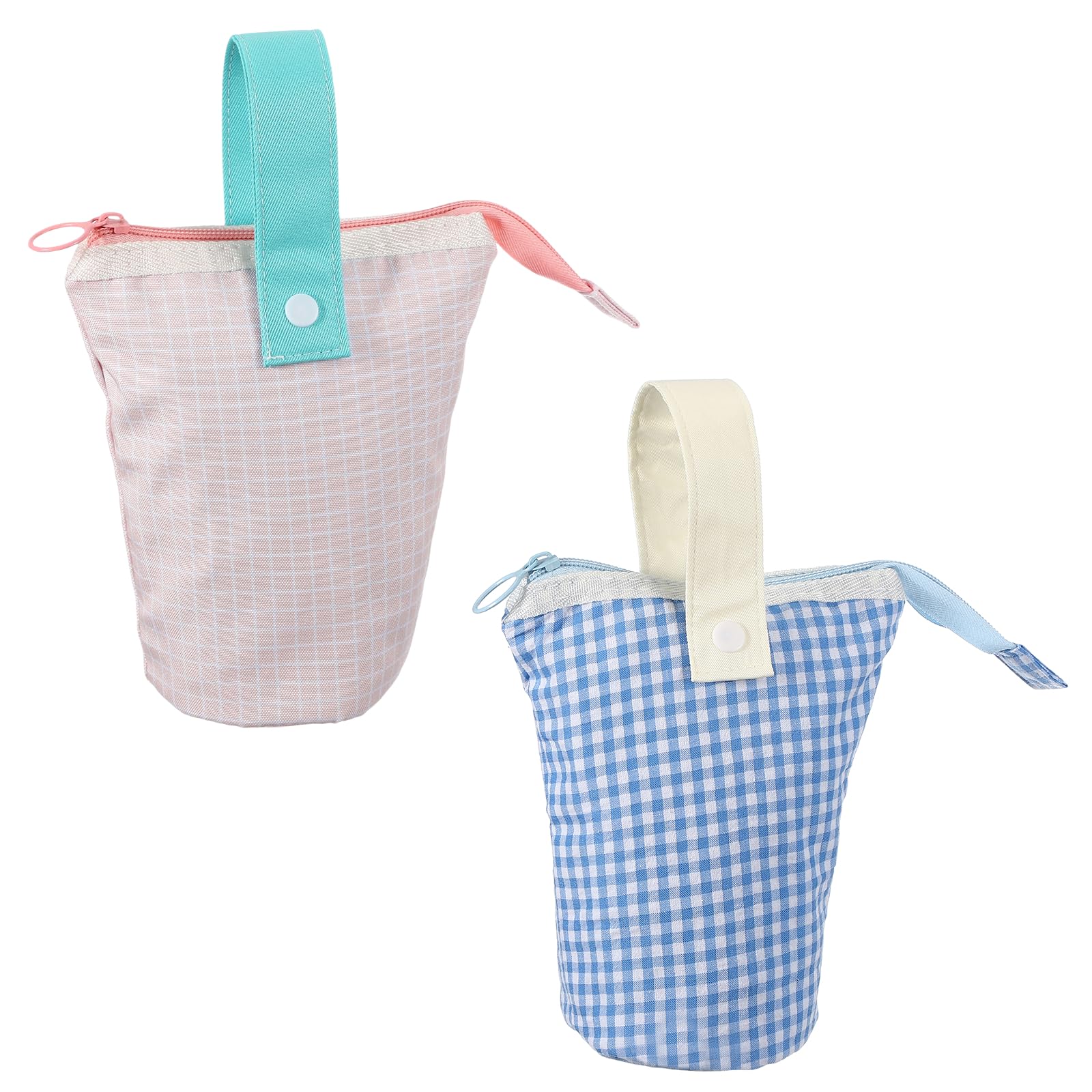 PATIKIL Stand Pencil Pouch, 2 Pcs Telescopic Standing Pen Pouch with Handle Stand Colored Pen Holder Foldable Makeup Cosmetic Bag Art Supplies for Home Office, Blue Plaid/Pink Plaid