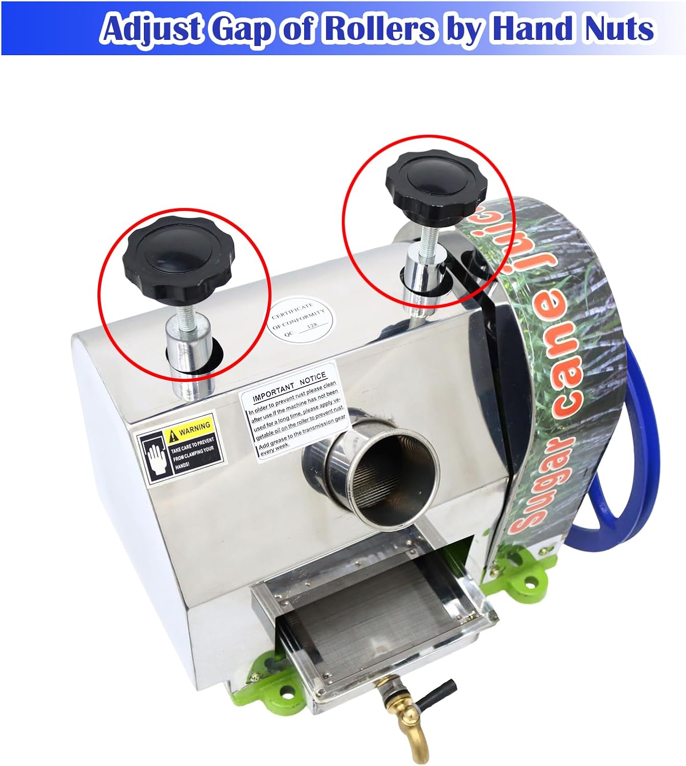 INTBUYING Manual Sugarcane Juicer Manual Sugarcane Press Machine 3 Rollers Sugar Cane Juice Extractor with Stainless Steel Filter, 2 Paring Knives & 330LBS/H Output for Commercial Home Street Stalls