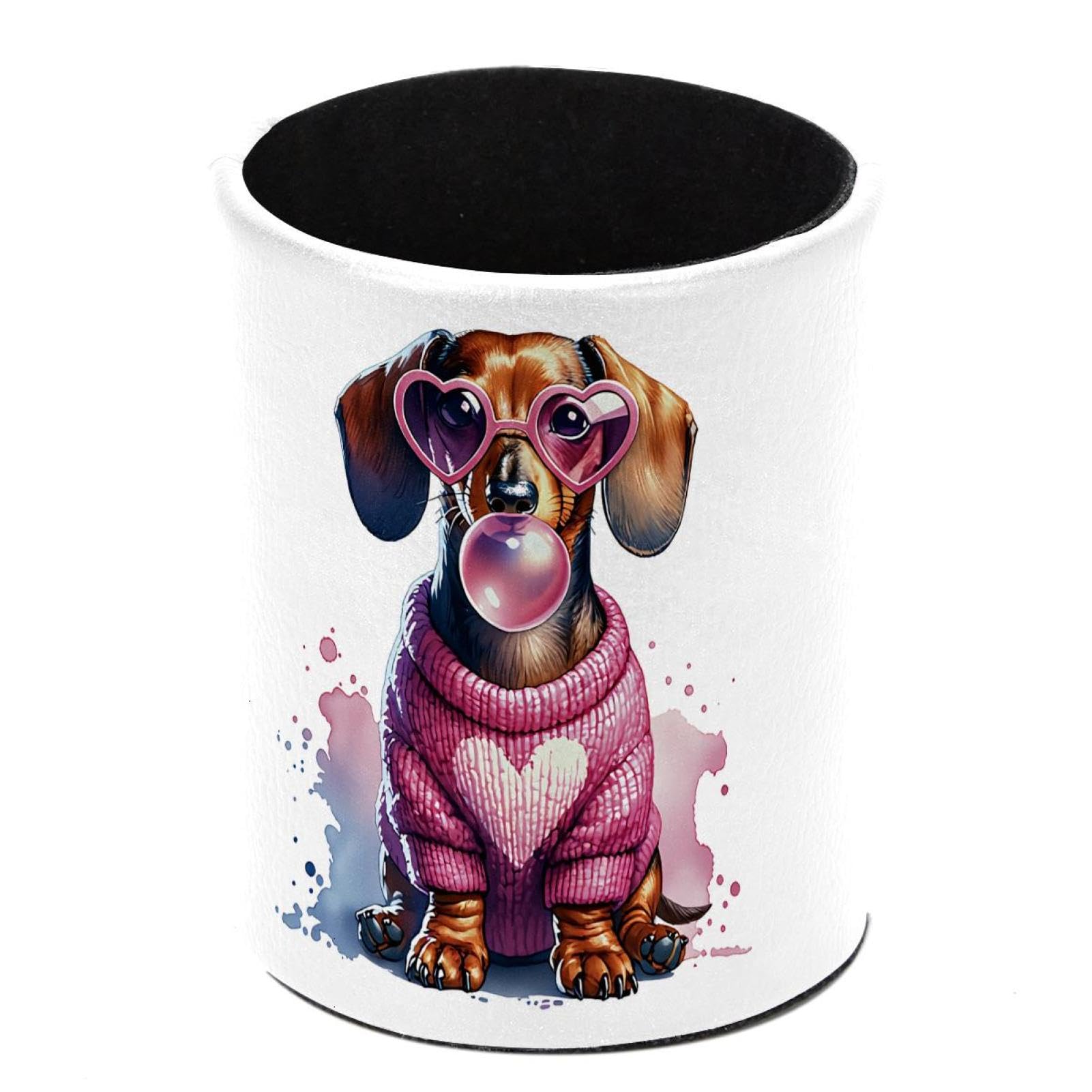 Luoweisi Pink Dachshund Dog Pen Holder for Desk, Leather Pen Pot, Desk Pencil Holder Round Makeup Organiser Home Office School Suppliers