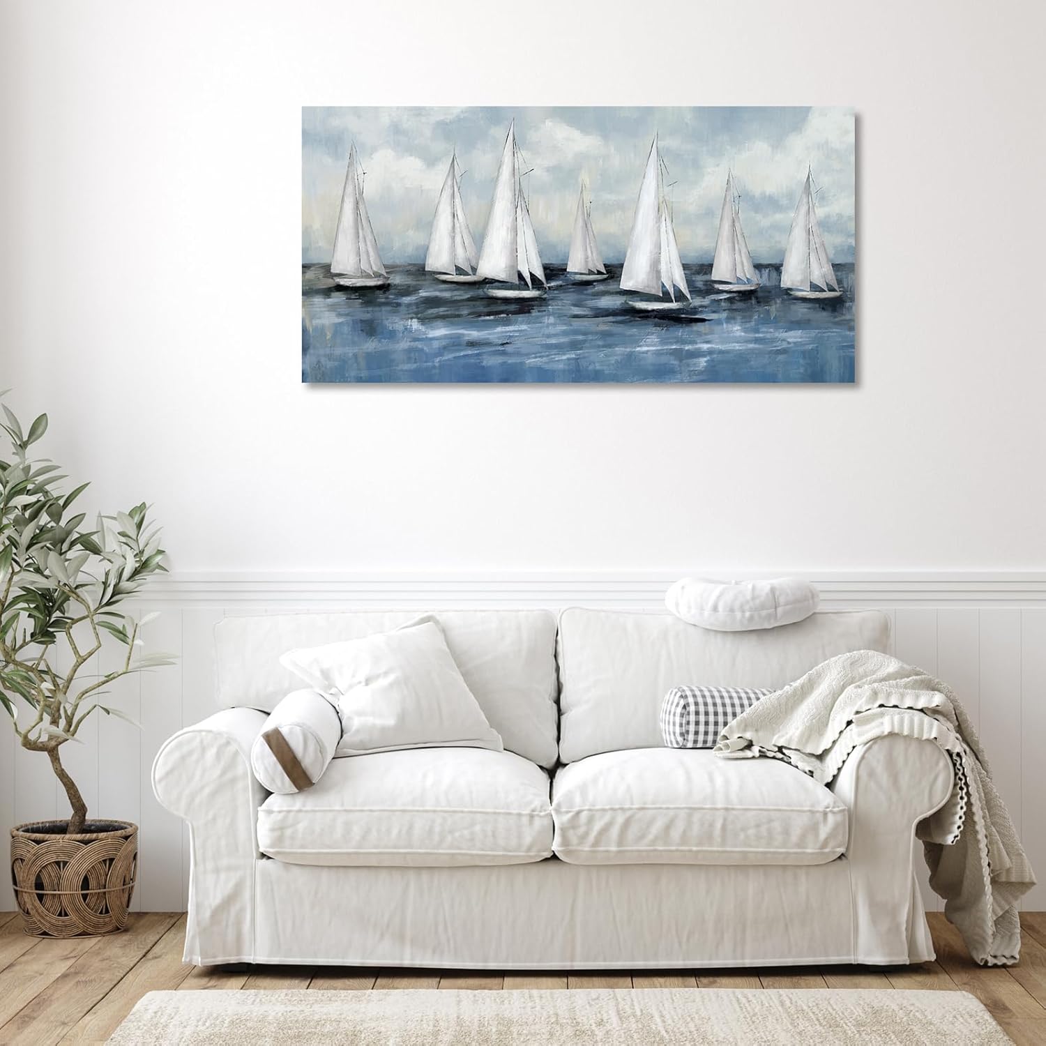 tigeridge Sea Sailboat Canvas Wall Art Abstract Ocean Pictures Nautical White Sailboats Painting Prints Seascape Artwork Large Wall Decorations for Living Room Bedroom Home Office 20" x 40"
