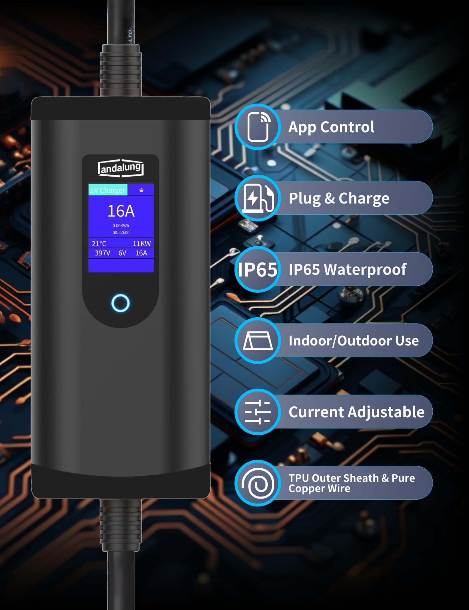 Przenośna ładowarka EV, 11 kW, 3-fazowa, 6-16 A, z regulowanym prądem, sterowaniem za pomocą aplikacji, kable, ochrona IP65, kompatybilna ze wszystkimi pojazdami PHEV/EV, WiFi, Bluetooth