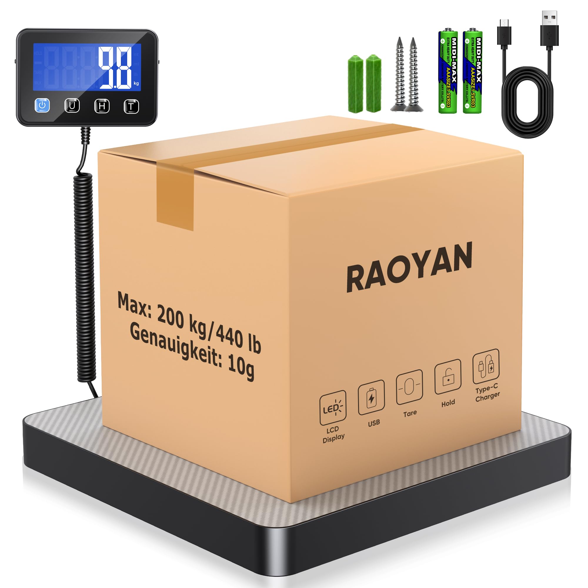 Waga paczkowa, 200 kg/10 g, precyzyjna cyfrowa waga platformowa z funkcją trzymania/tary, waga pocztowa z zamontowanym na ścianie wyświetlaczem LCD do paczek/bagażu/magazynu, baterii i kabla do