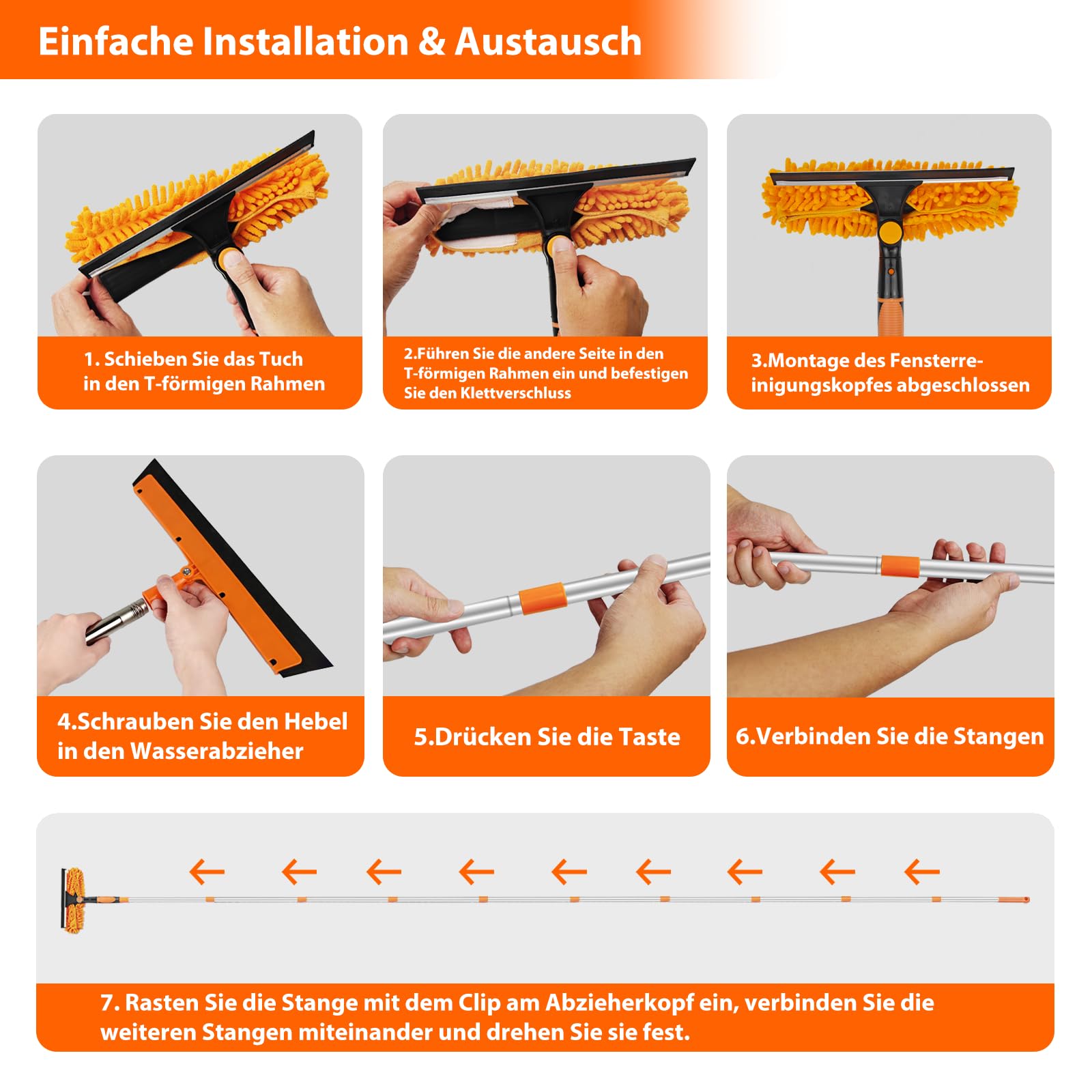 4.5M Fensterwischer Teleskop Fuer Fenster: 2 in 1 Fensterputzer Putzen Set Profi Abzieher Fensterabzieher Mit Teleskopstiel Teleskopstange Fensterreinigung Hohe Fenster Dachfenster Ür Innen und Außen