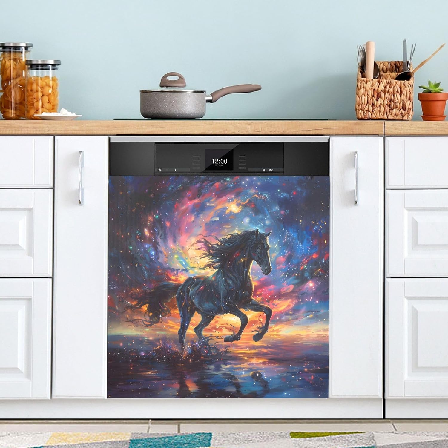 Dishwasher Magnet Cover Large Magnetic Stickers Dark Horse Starry Sky Front Dishwasher Cover for Home Kitchen Refrigerator Decorative Lid