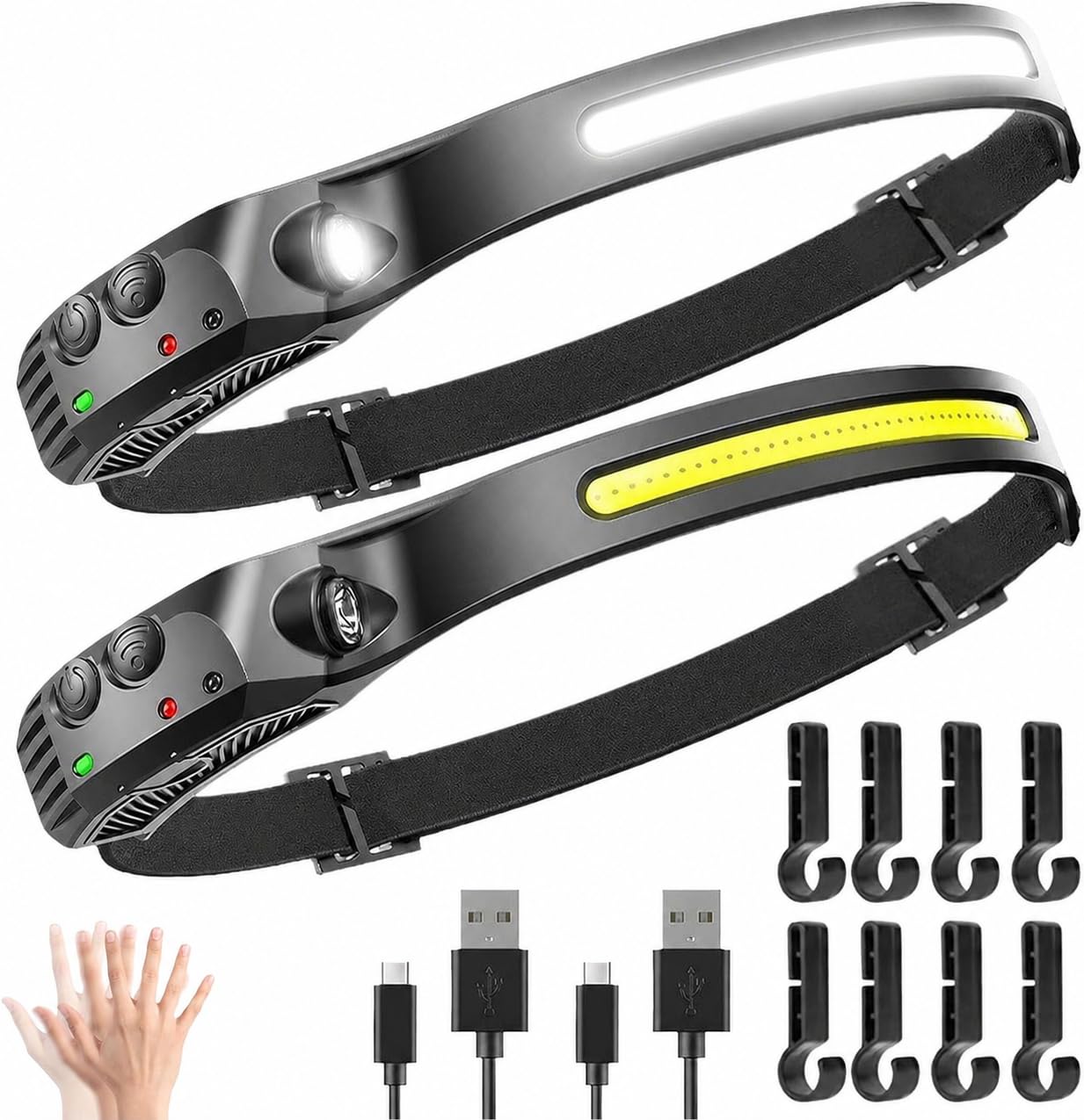 Head Torch Rechargeable 2 Pack,Luxelight Led HeadTorch,Waterproof Lightweight Headlamp,Super Bright 230° Wide Beam,Motion Sensor,Long Runtime,for Camping Running Fishing