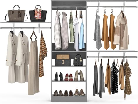 Armocity 96 Closet System, 8FT Walk In Closet Organizer with 3 Shelving Towers, Heavy Duty Bedroom Wardrobe with 5 Shelves, Wall Mounted Clothes Rack Can Be Cut To Fit, 96"L x 16"W x 75"H, Grey
