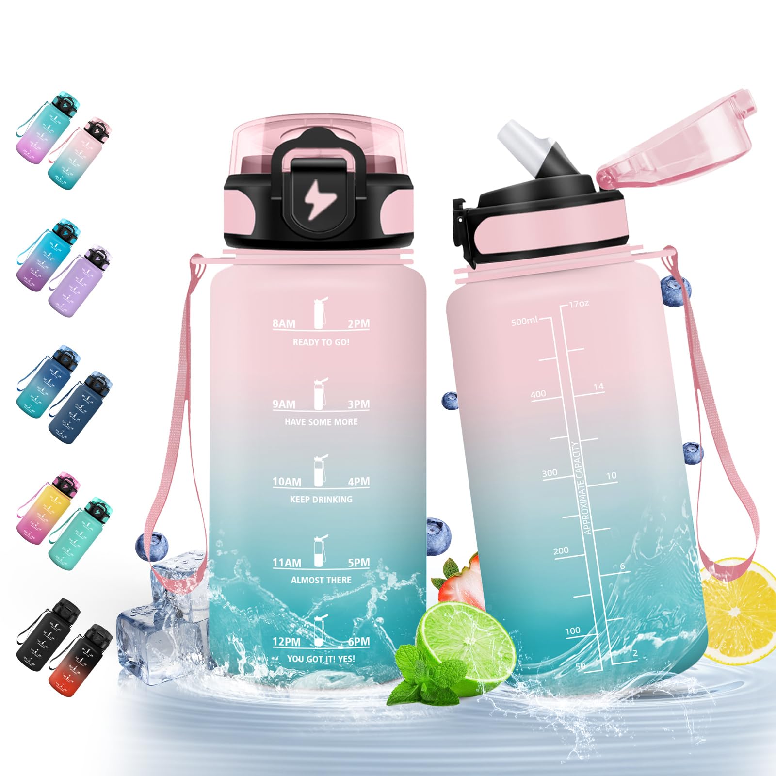 HoneyHolly Trinkflasche 500ml BPA-frei - Mit Strohhalm & Zeitskala, Auslaufsicher