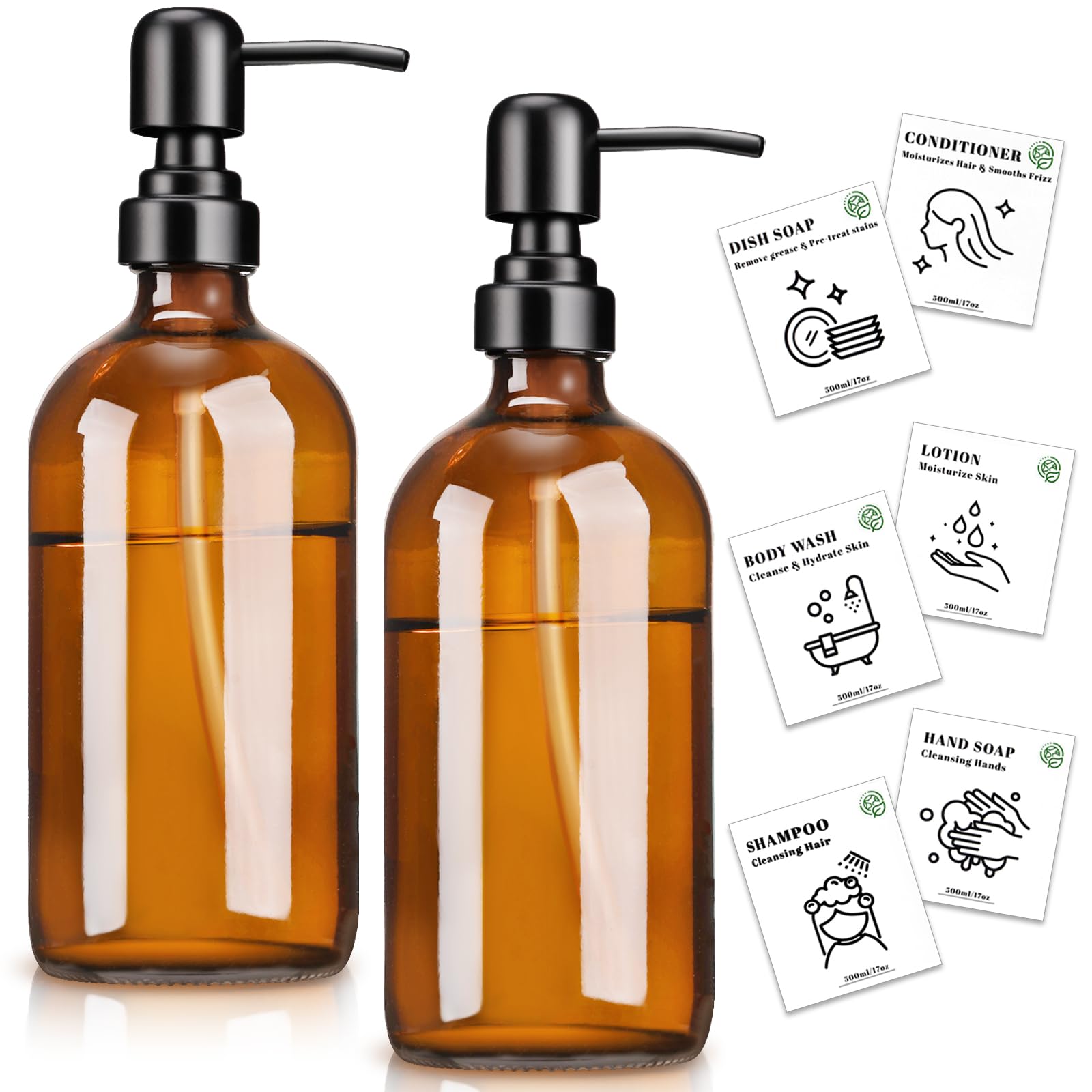 Euqvunn 2 Pack Dispensador Jabon Vidrio Ámbar, 500ml Dispensador Jabon Baño, 6 Etiquetas Impermeables Botella Dispensadora con Bomba