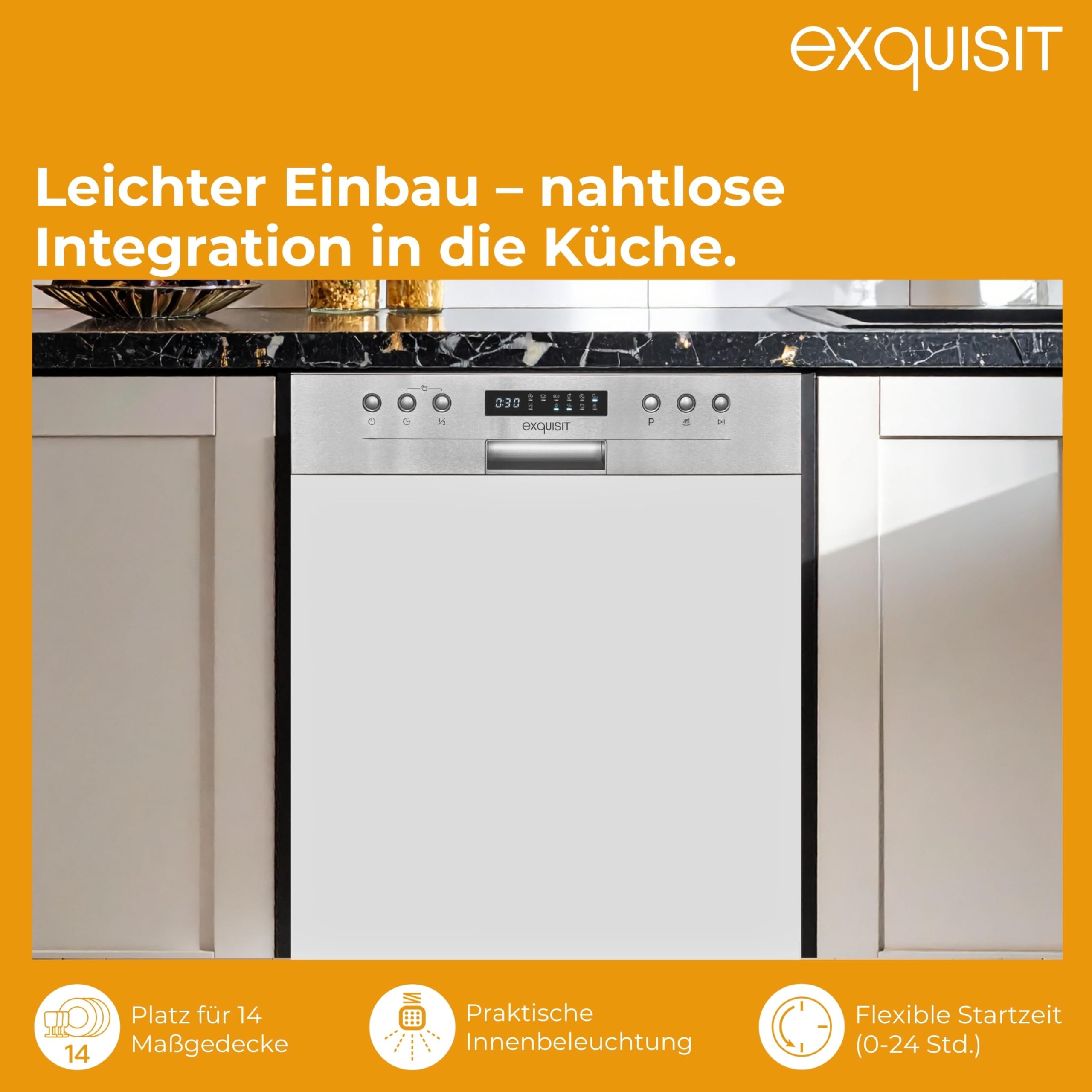 Exquisit Lavastoviglie da incasso EGSP9414-EB-030D inox | Lavastoviglie parzialmente integrata 60 cm | Aquastop | InnoWash |14 controsoffitto | Lavastoviglie parzialmente integrata 60 cm