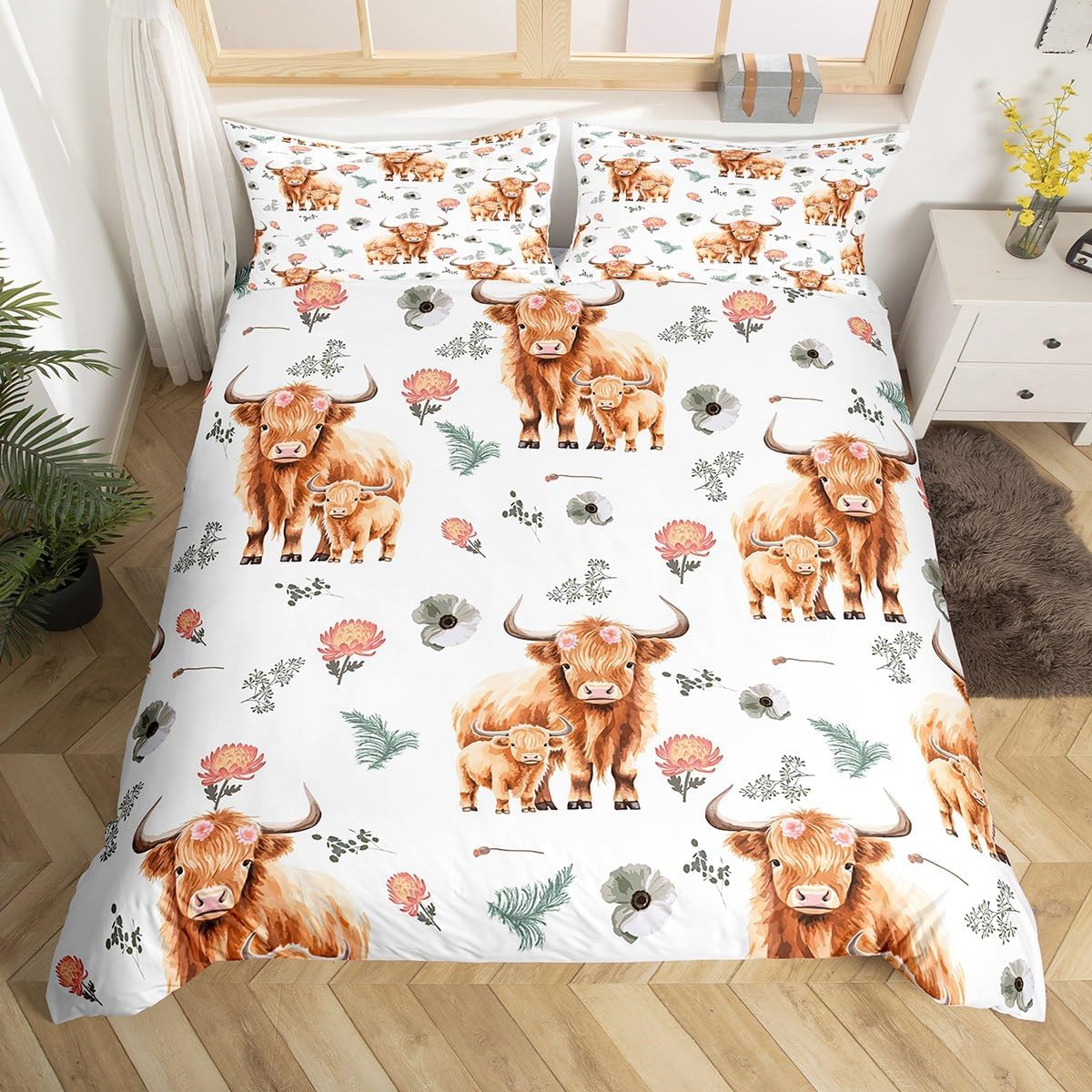 Feelyou Highland Cattle Duvet Cover Set Cows Comforter Cover Flowers Leaves Bedding 1 Duvet Cover 1 Pillowcase Twin Size