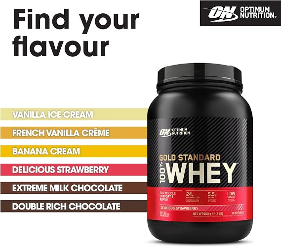 Optimum Nutrition Gold Standard 100% Whey Muscle Building and Recovery Protein Powder With Naturally Occurring Glutamine and BCAA Amino Acids, Delicious Strawberry Flavour, 30 Servings, 900 g