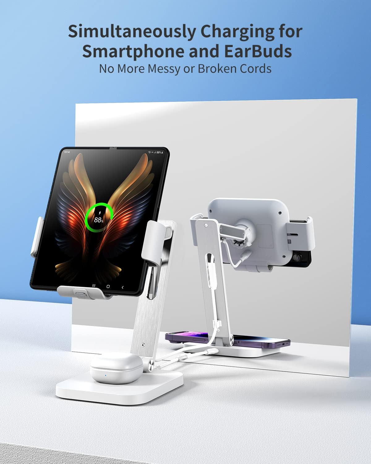 2 in 1 Charging Station for Z Fold 6/5/4/3/2, Aluminium Alloy 3 Coils Fast Wireless Charger Stand for Samsung Galaxy Buds Pro/Buds Live (with 20W Adapter)