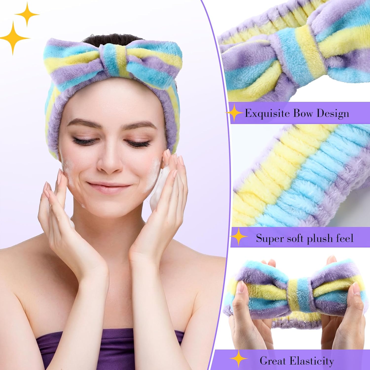WILLBOND 24 Pieces Spa Headband Bulk Skincare Headbands Face Wash Makeup Hairband Bow Facial Washing Face Head Wraps Adjustable Soft Flannel Towel for Women Shower (Elegant)